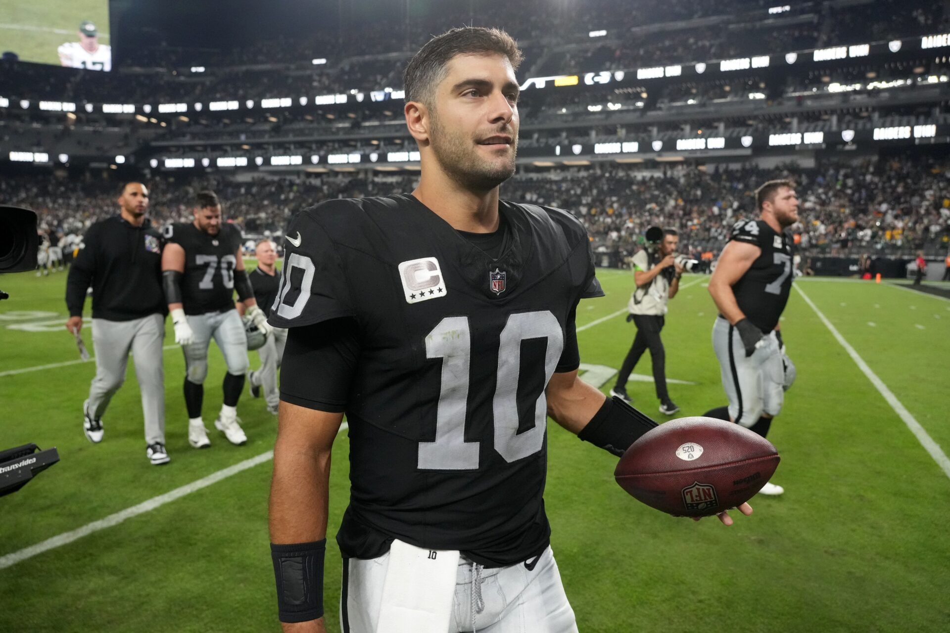 Oct 9, 2023; Paradise, Nevada, USA; Las Vegas Raiders quarterback Jimmy Garoppolo (10) leaves the field after the game against the Green Bay Packers at Allegiant Stadium. Mandatory Credit: Kirby Lee-USA TODAY Sports