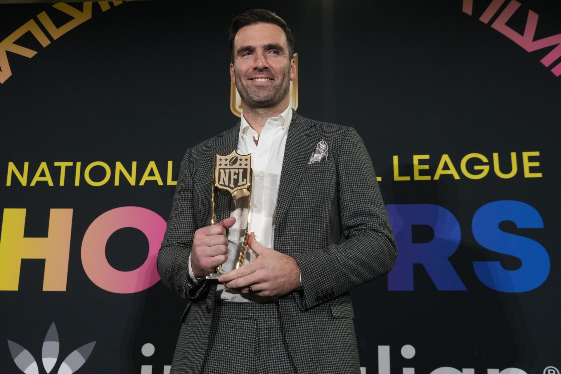 Joe Flacco during the NFL Hall of Fame Class of 2024 press conference at Resorts World Theatre.