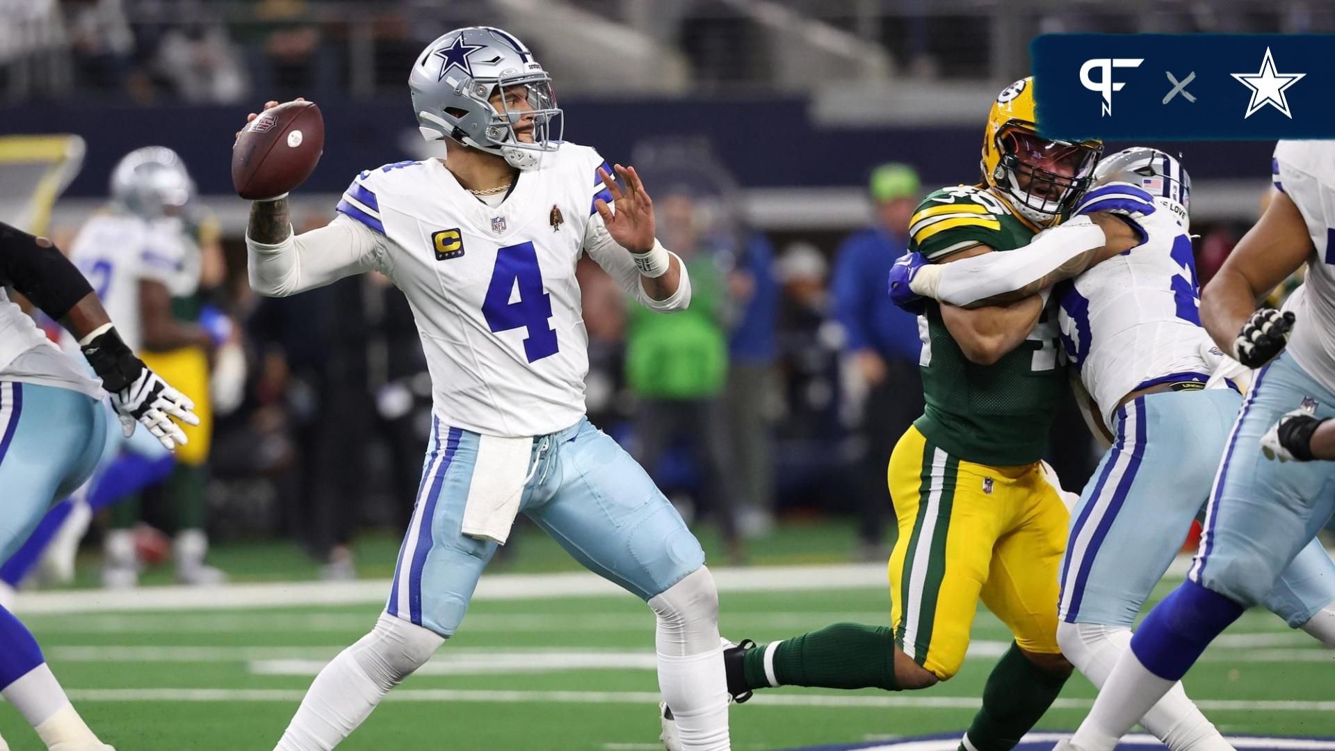 Dallas Cowboys quarterback Dak Prescott (4) drops back to pass against the Green Bay Packers during the second half for the 2024 NFC wild card game at AT&T Stadium.