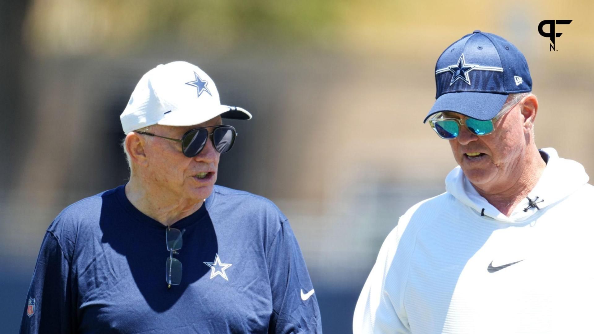 Dallas Cowboys owner Jerry Jones (left) and executive vice president Stephen Jones during training camp at Marriott Residence Inn-River Ridge Playing Fields.