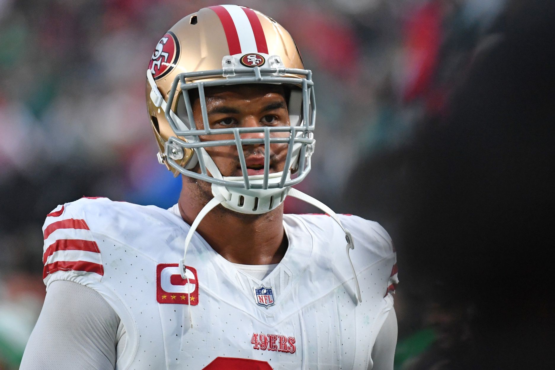 San Francisco 49ers defensive end Arik Armstead (91) runs off the field against the Philadelphia Eagles at Lincoln Financial Field.