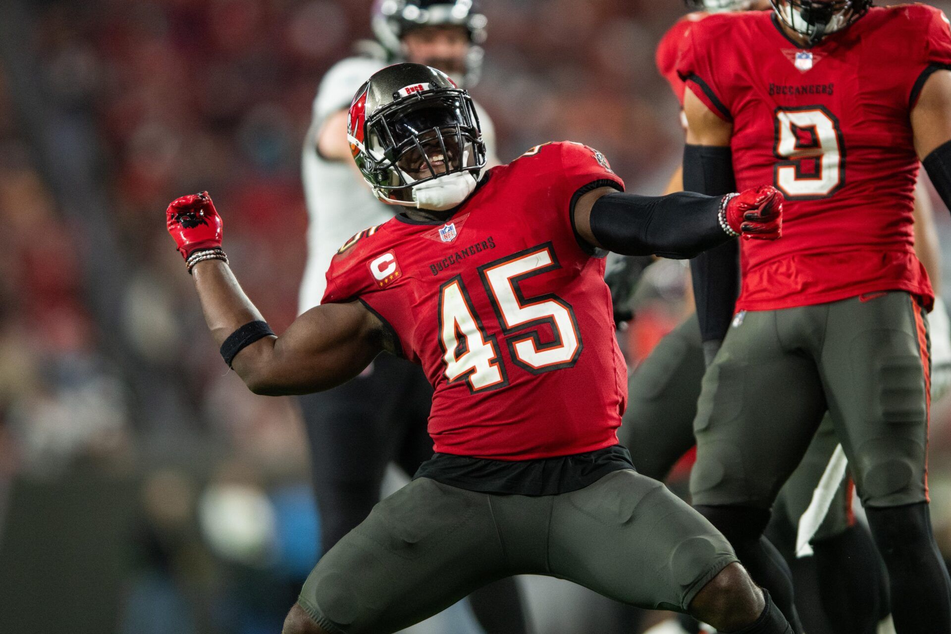 Tampa Bay Buccaneers linebacker Devin White (45) celebrates a sack against the Jacksonville Jaguars at Raymond James Stadium.