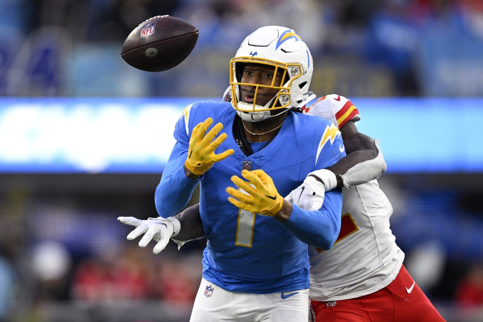 Los Angeles Chargers wide receiver Quentin Johnston (1) cannot make a catch while defended by Kansas City Chiefs cornerback Joshua Williams (2) during the second half at SoFi Stadium.