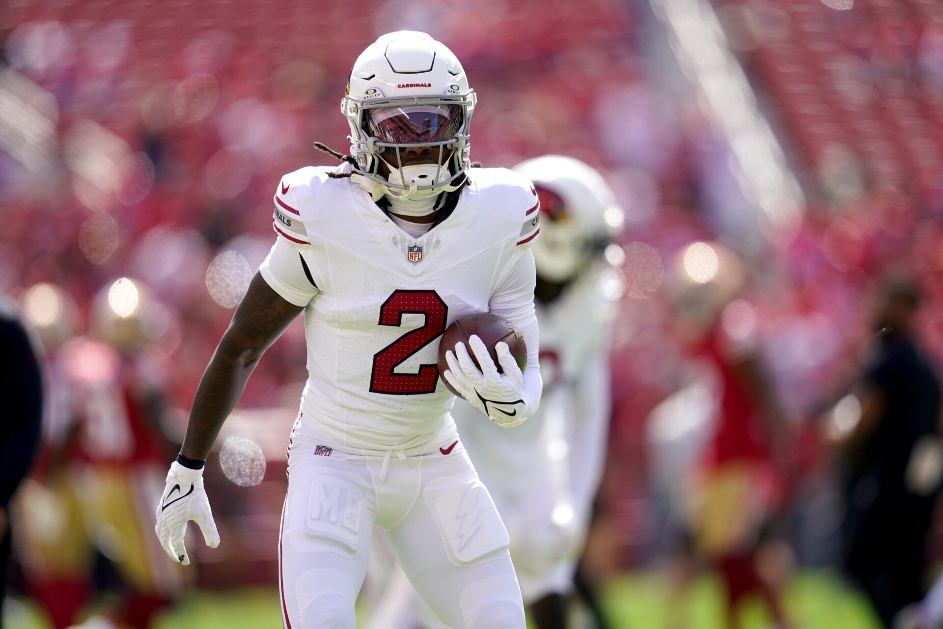 Arizona Cardinals wide receiver Marquise Brown (2) runs with the ball before the start of the game against the San Francisco 49ers at Levi's Stadium.