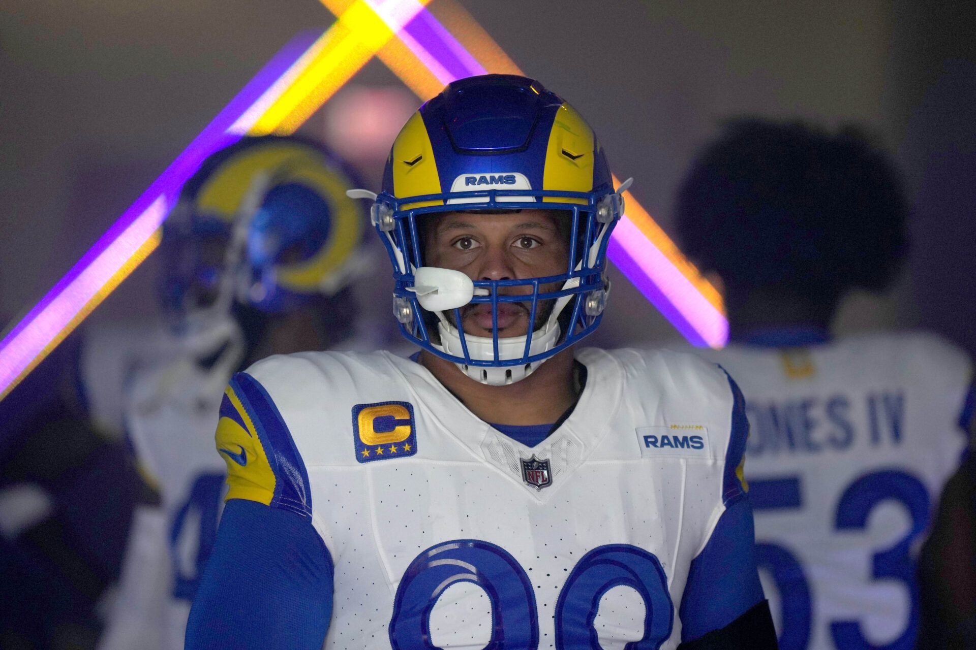 Los Angeles Rams defensive tackle Aaron Donald (99) enters the field before the game against the Cleveland Browns at SoFi Stadium.