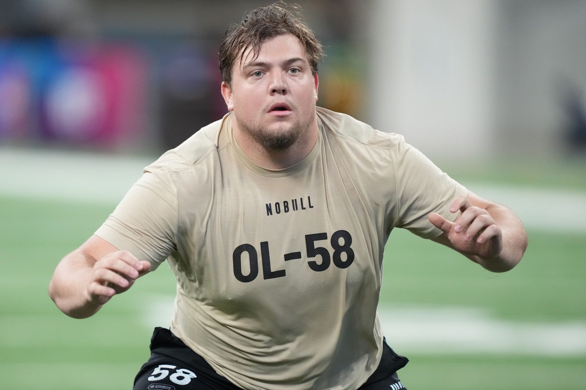 Oregon offensive lineman Jackson Powers-Johnson (OL58) during the 2024 NFL Combine at Lucas Oil Stadium.