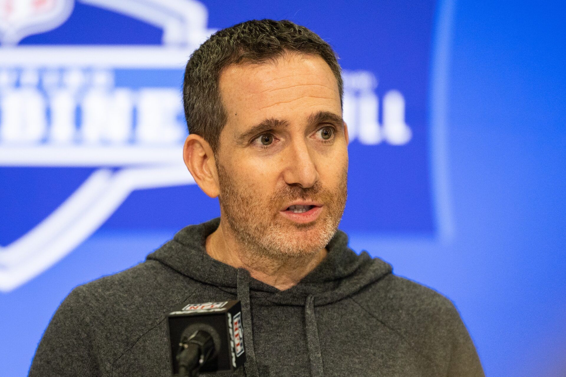 Philadelphia Eagles executive vice president Howie Roseman talks to the media at the 2024 NFL Combine at Indiana Convention Center.