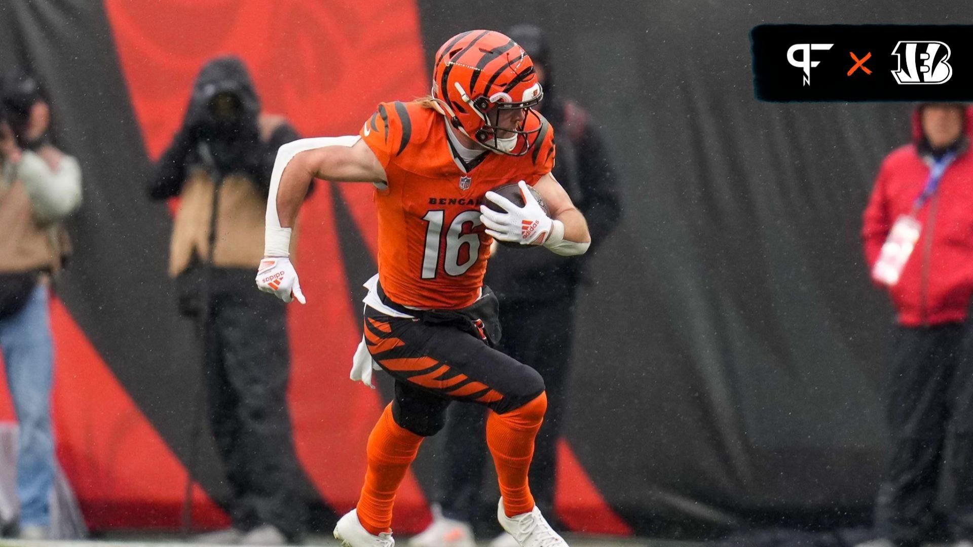 Cincinnati Bengals wide receiver Trenton Irwin (16) runs with a catch in the second quarter of the NFL Week 12 game between the Cincinnati Bengals and the Pittsburgh Steelers at Paycor Stadium in Cincinnati on Sunday, Nov. 26, 2023.