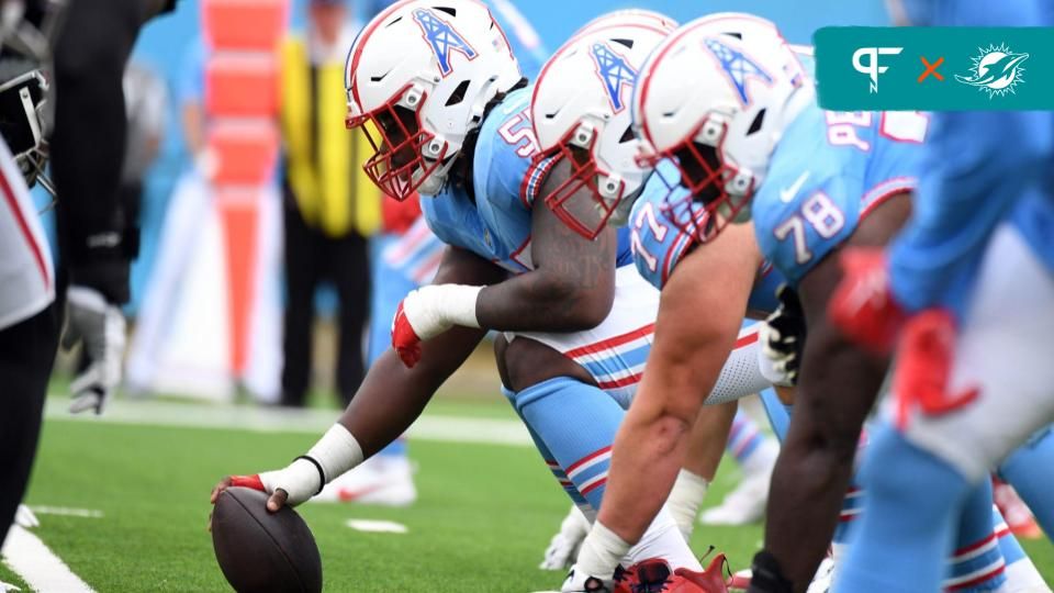 Tennessee Titans guard Aaron Brewer (55) waits to snap the ball during the first half against the Atlanta Falcons at Nissan Stadium.