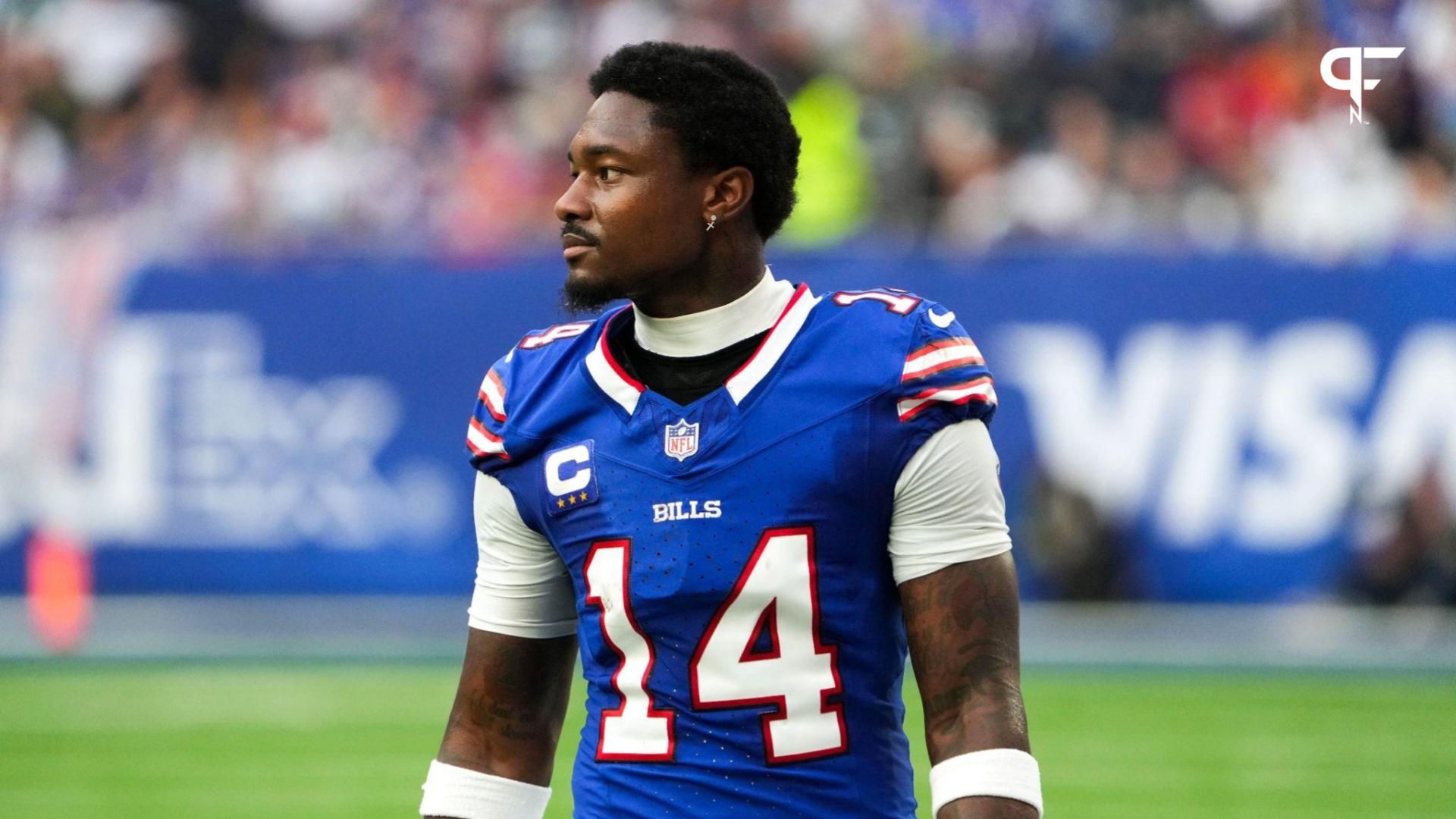 Buffalo Bills wide receiver Stefon Diggs (14) watches from the sidelines during the second half of an NFL International Series game against the Jacksonville Jaguars at Tottenham Hotspur Stadium.