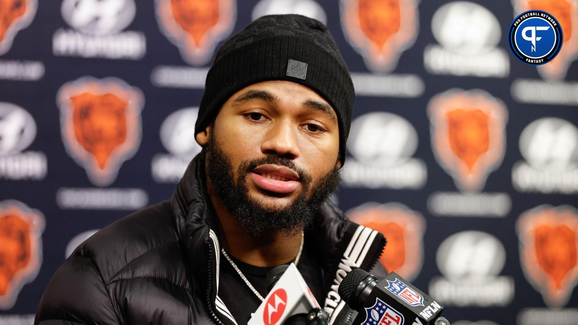 Chicago Bears running back D'Andre Swift speaks during a press conference at Halas Hall.