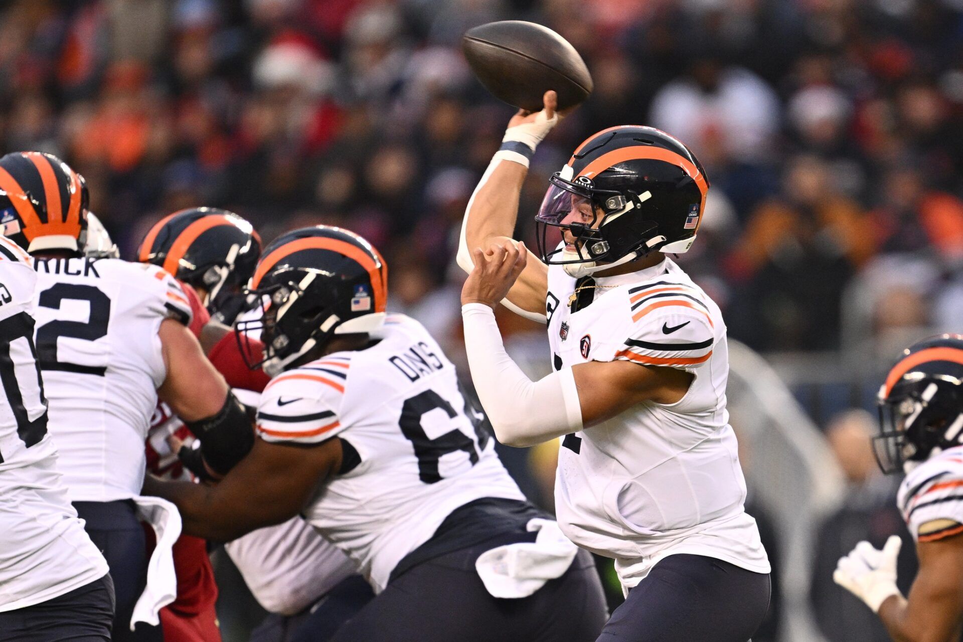 Chicago Bears quarterback Justin Fields (1) passes in the first half against the Arizona Cardinals at Soldier Field.