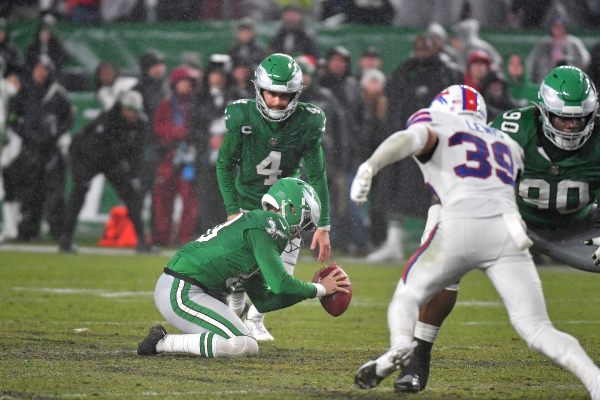 Philadelphia Eagles place kicker Jake Elliott (4) kicks game-tying field goal in regulation against the Buffalo Bills at Lincoln Financial Field.