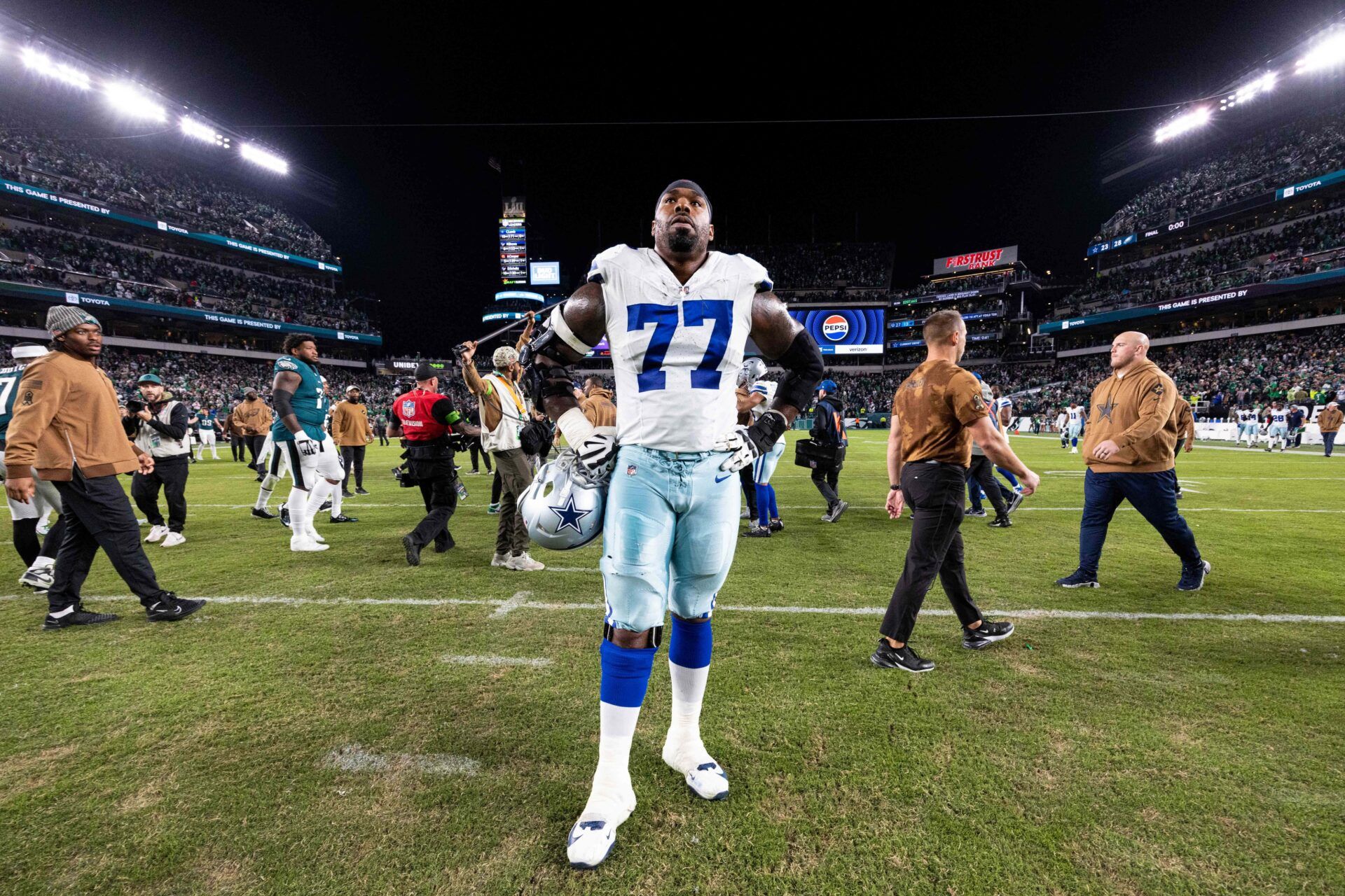 Dallas Cowboys offensive tackle Tyron Smith (77) looks on after a loss to the Philadelphia Eagles at Lincoln Financial Field.