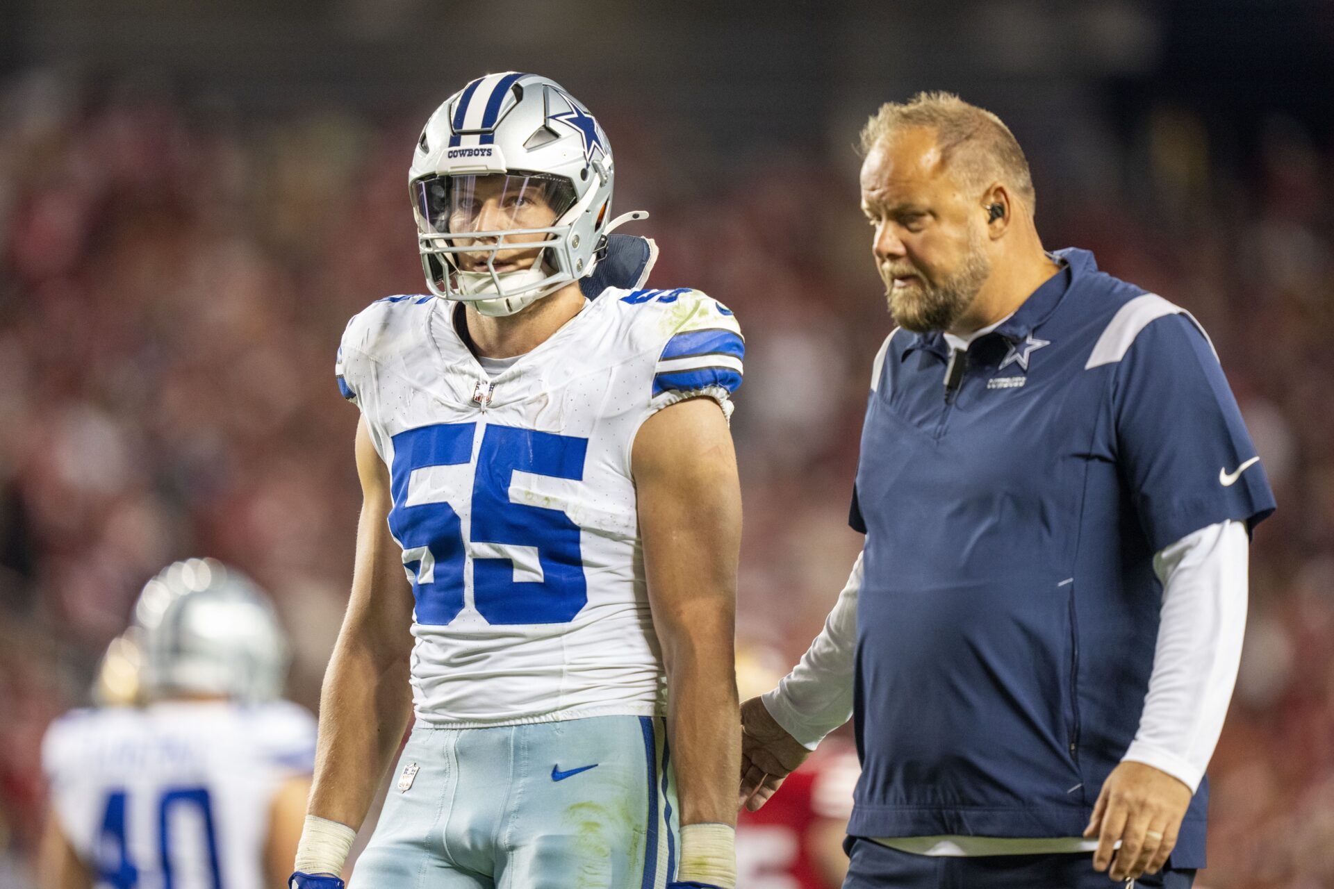 Dallas Cowboys linebacker Leighton Vander Esch (55) leaves the game after an injury during the fourth quarter against the San Francisco 49ers at Levi's Stadium.