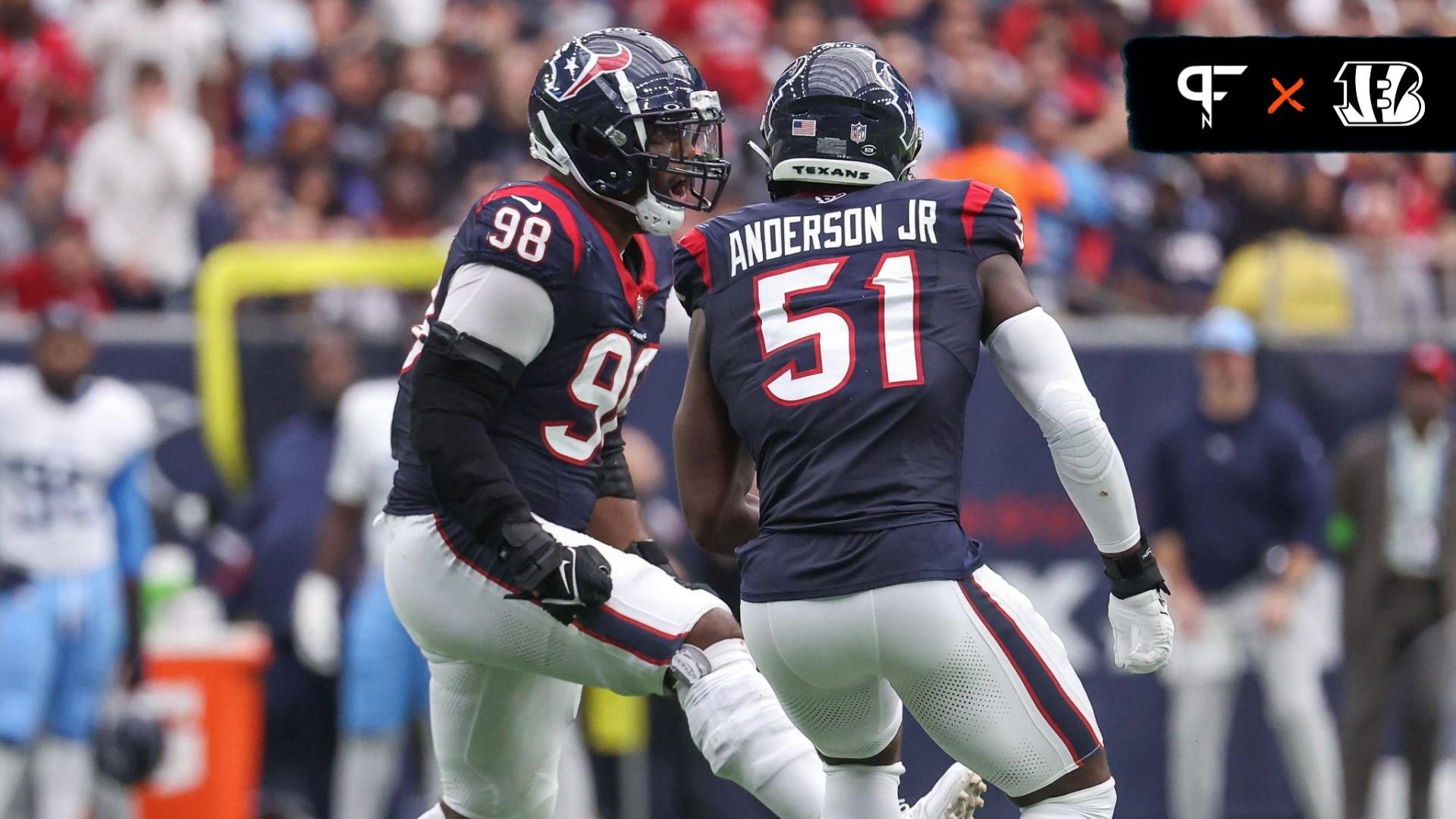 Houston Texans defensive end Will Anderson Jr. (51) and defensive tackle Sheldon Rankins (98) react after a play during the game against the Tennessee Titans at NRG Stadium.