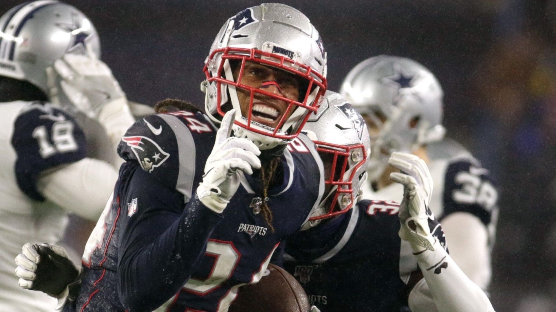 New England Patriots CB Stephon Gilmore (24) celebrates after a turnover.