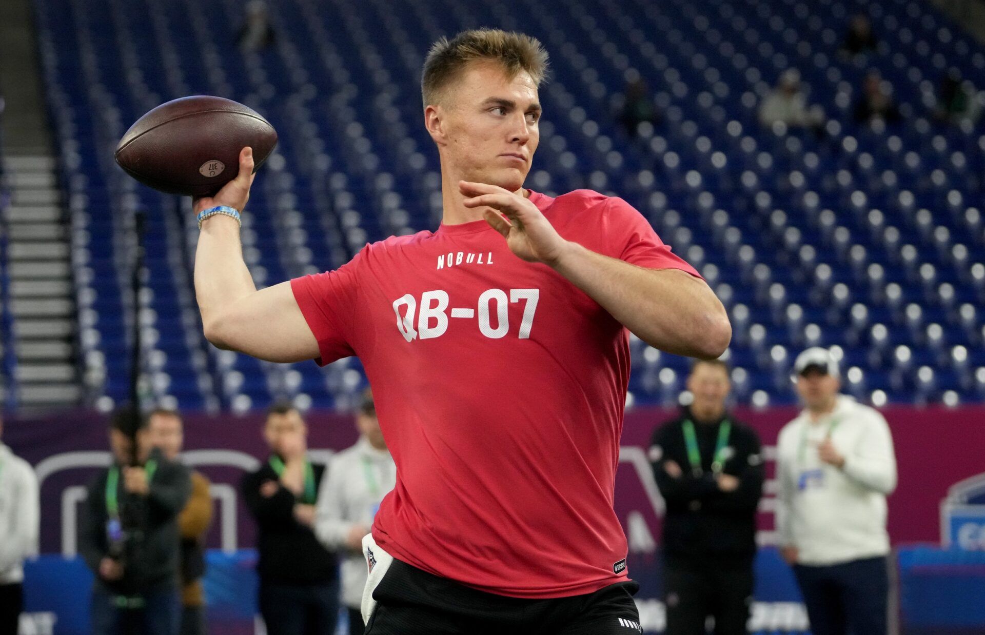 Oregon Ducks QB Bo Nix throws at the 2024 NFL Scouting Combine.