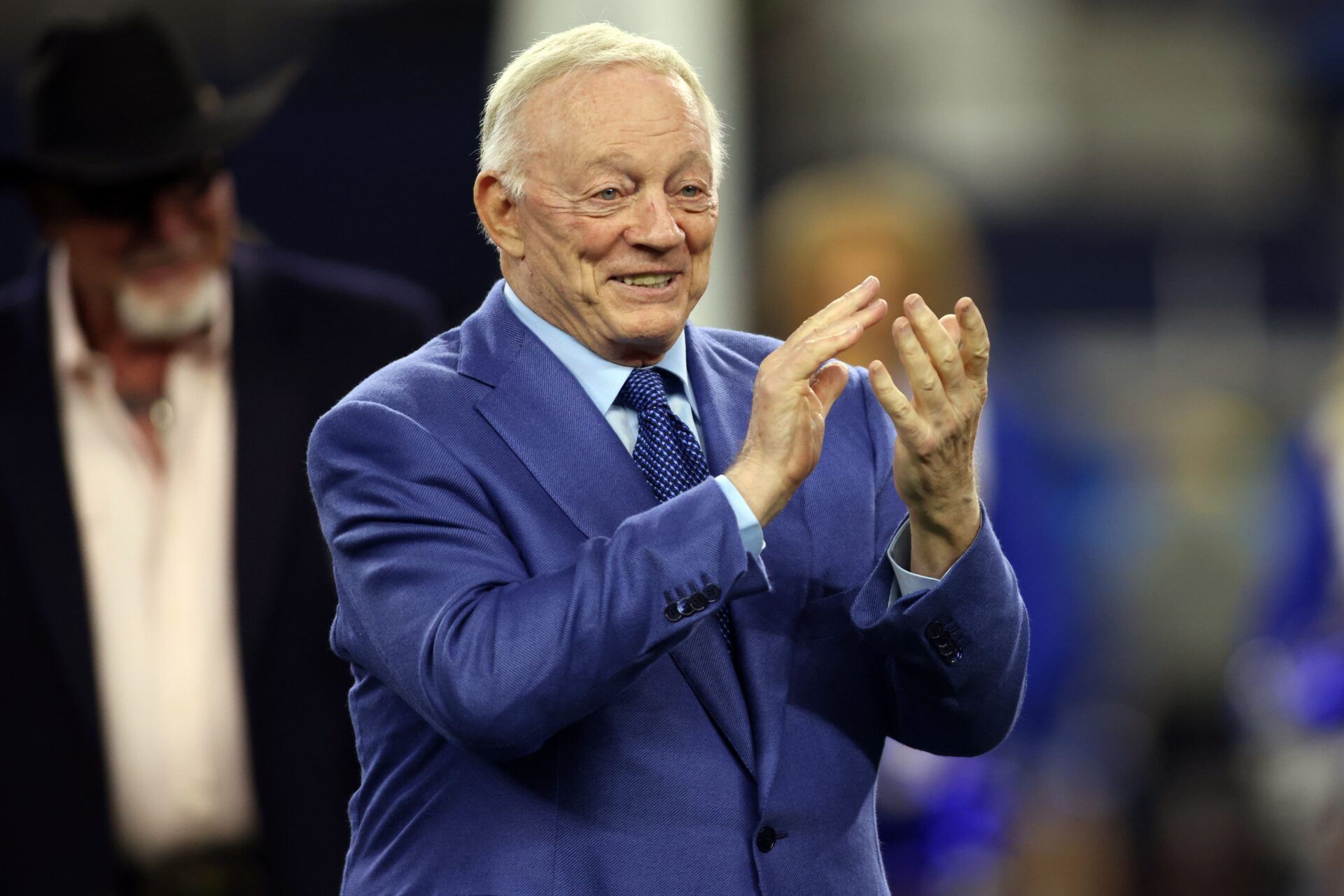 Dec 30, 2023; Arlington, Texas, USA; Dallas Cowboys owner Jerry Jones applauds during the Ring of Honor induction ceremony at half time in the game against the Detroit Lions at AT&T Stadium. Mandatory Credit: Tim Heitman-USA TODAY Sports