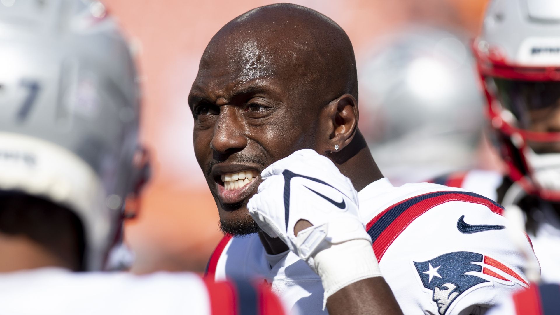 New England Patriots safety Devin McCourty gives a pre-game speech to the rest of the New England secondary before their game against the Cleveland Browns.