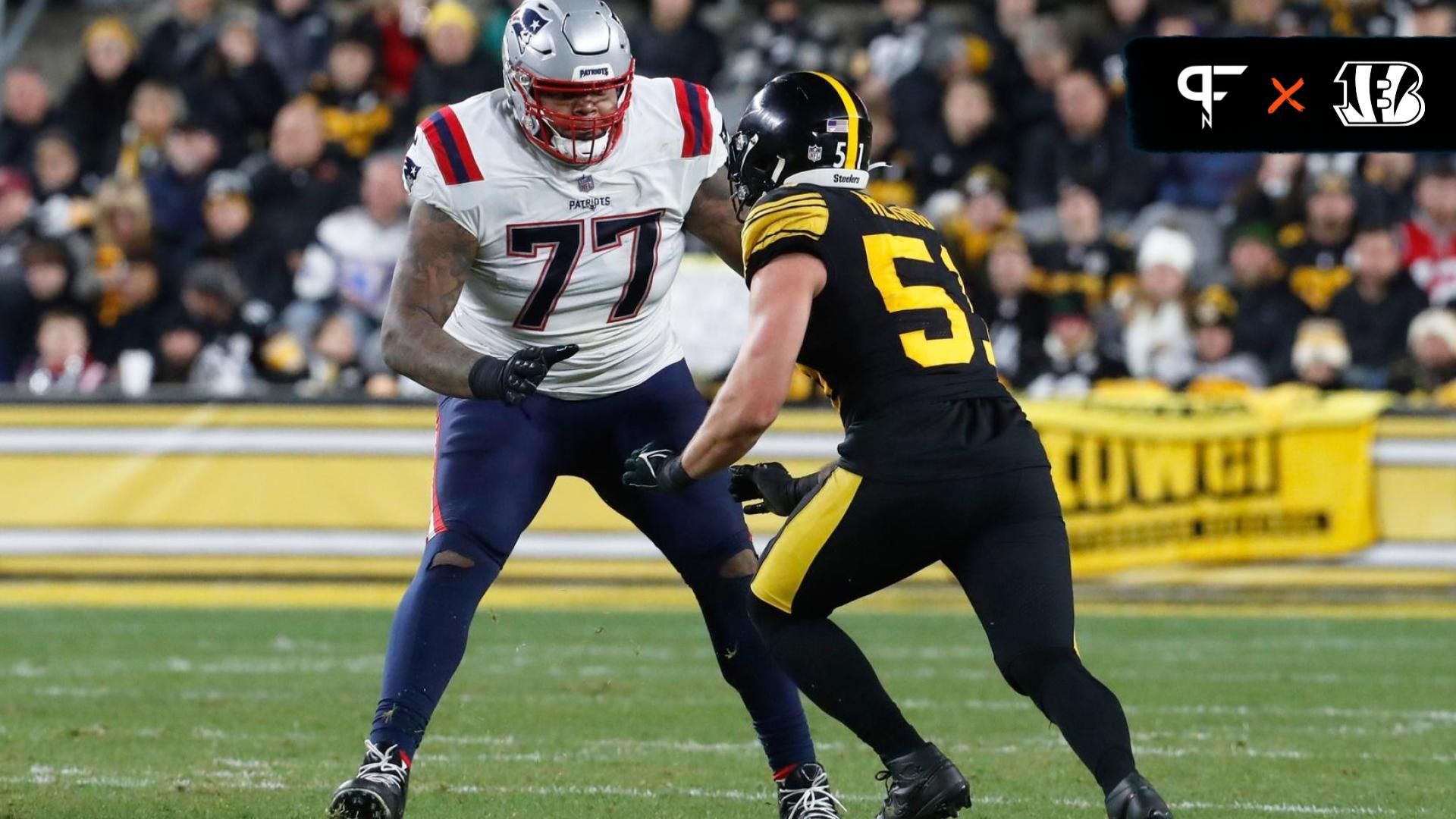 New England Patriots OT Trent Brown (77) blocks against the Pittsburgh Steelers.