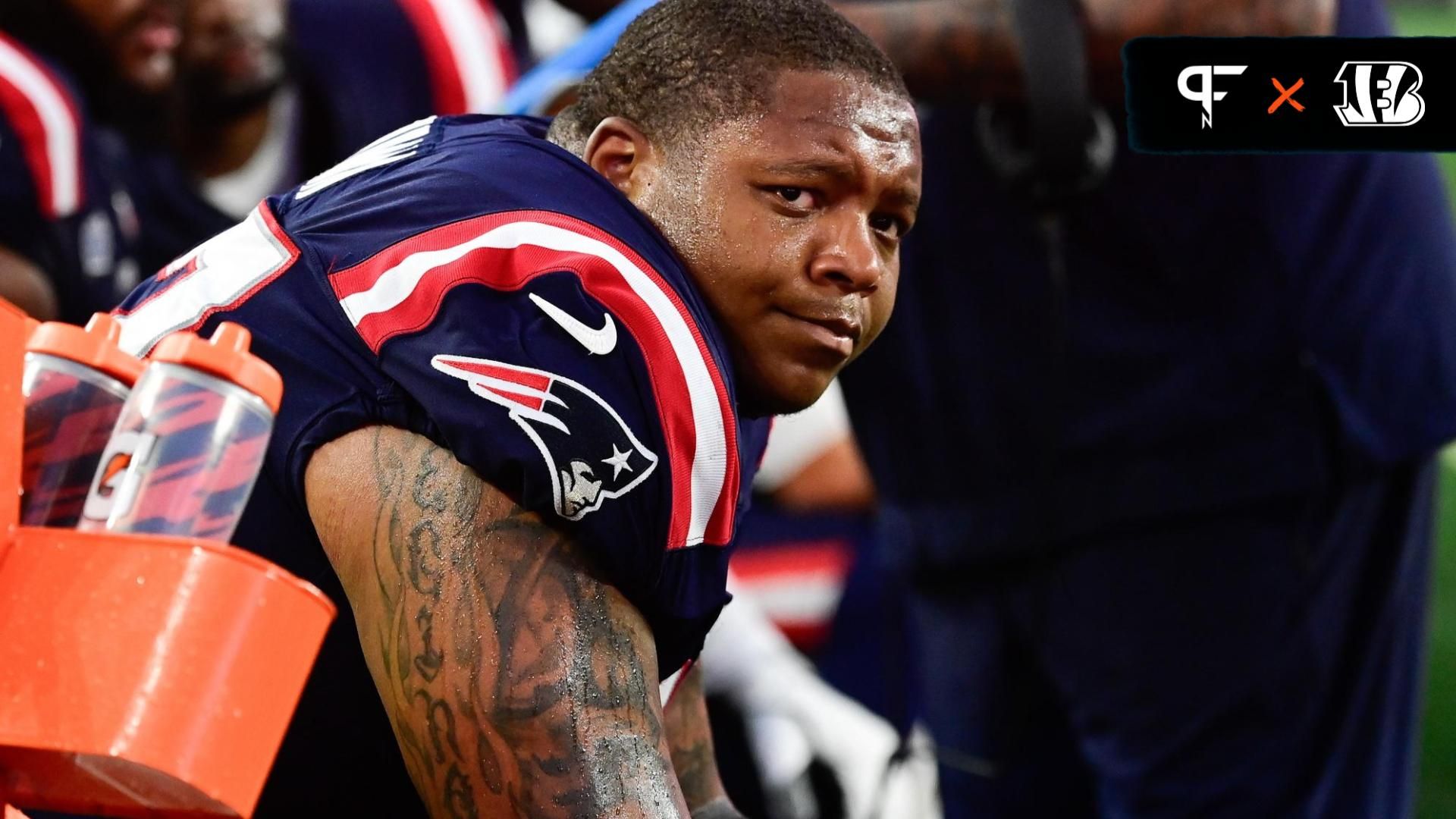 New England Patriots offensive tackle Trent Brown (77) sits on the bench during the second half against the Philadelphia Eagles at Gillette Stadium.