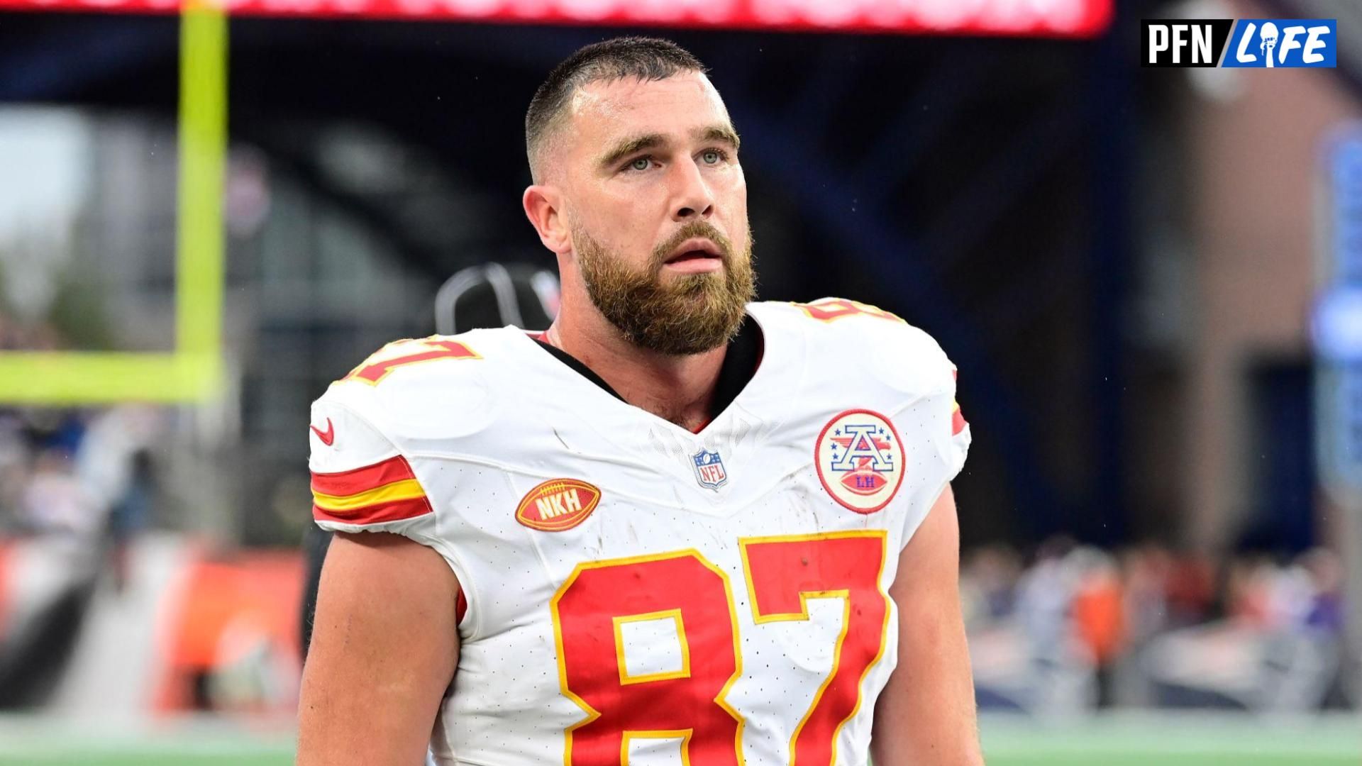 Kansas City Chiefs tight end Travis Kelce (87) watches from the sideline during the second half against the New England Patriots at Gillette Stadium.