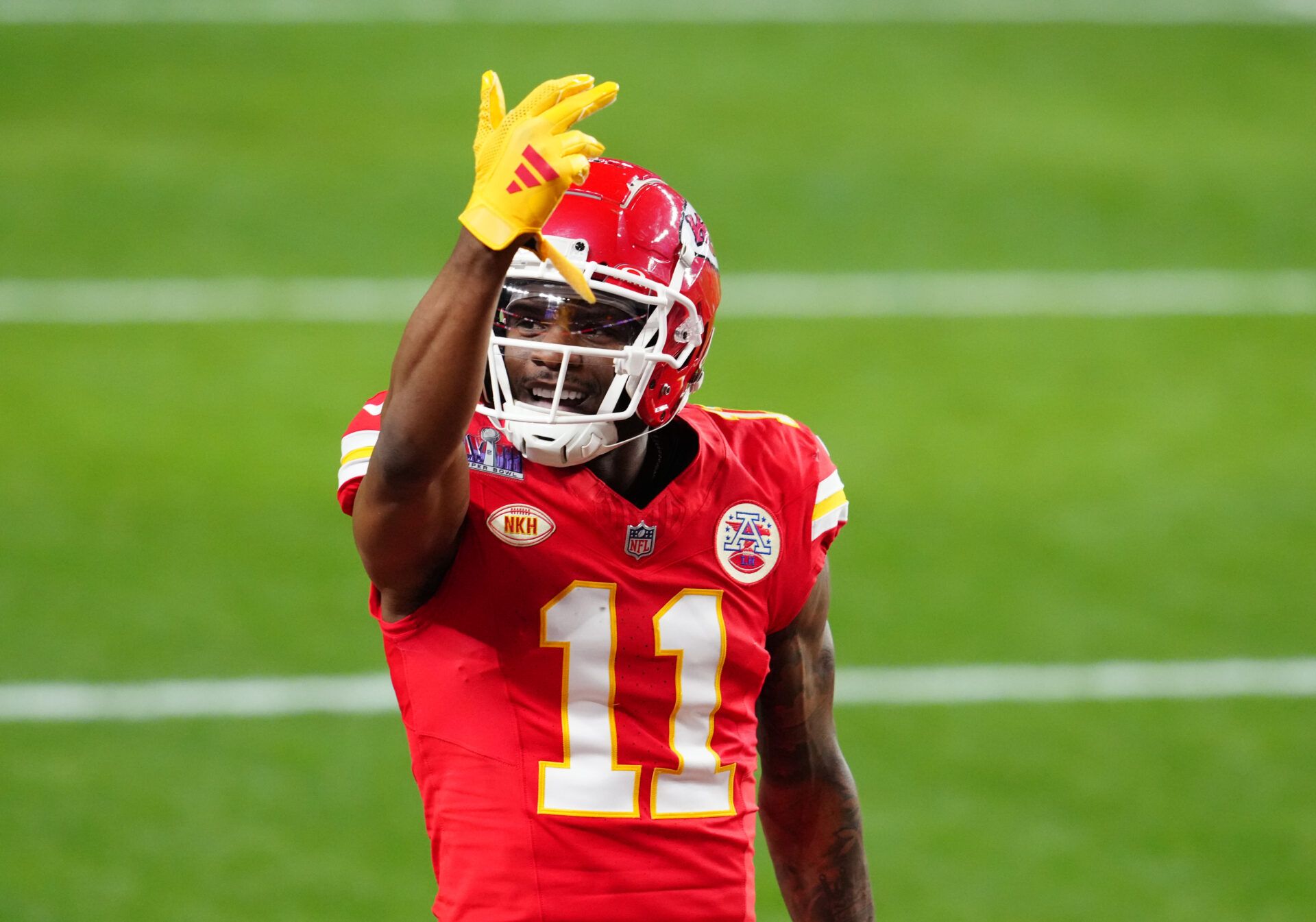 Kansas City Chiefs wide receiver Marquez Valdes-Scantling (11) celebrates a touchdown catch against the San Francisco 49ers in the second half in Super Bowl LVIII at Allegiant Stadium.