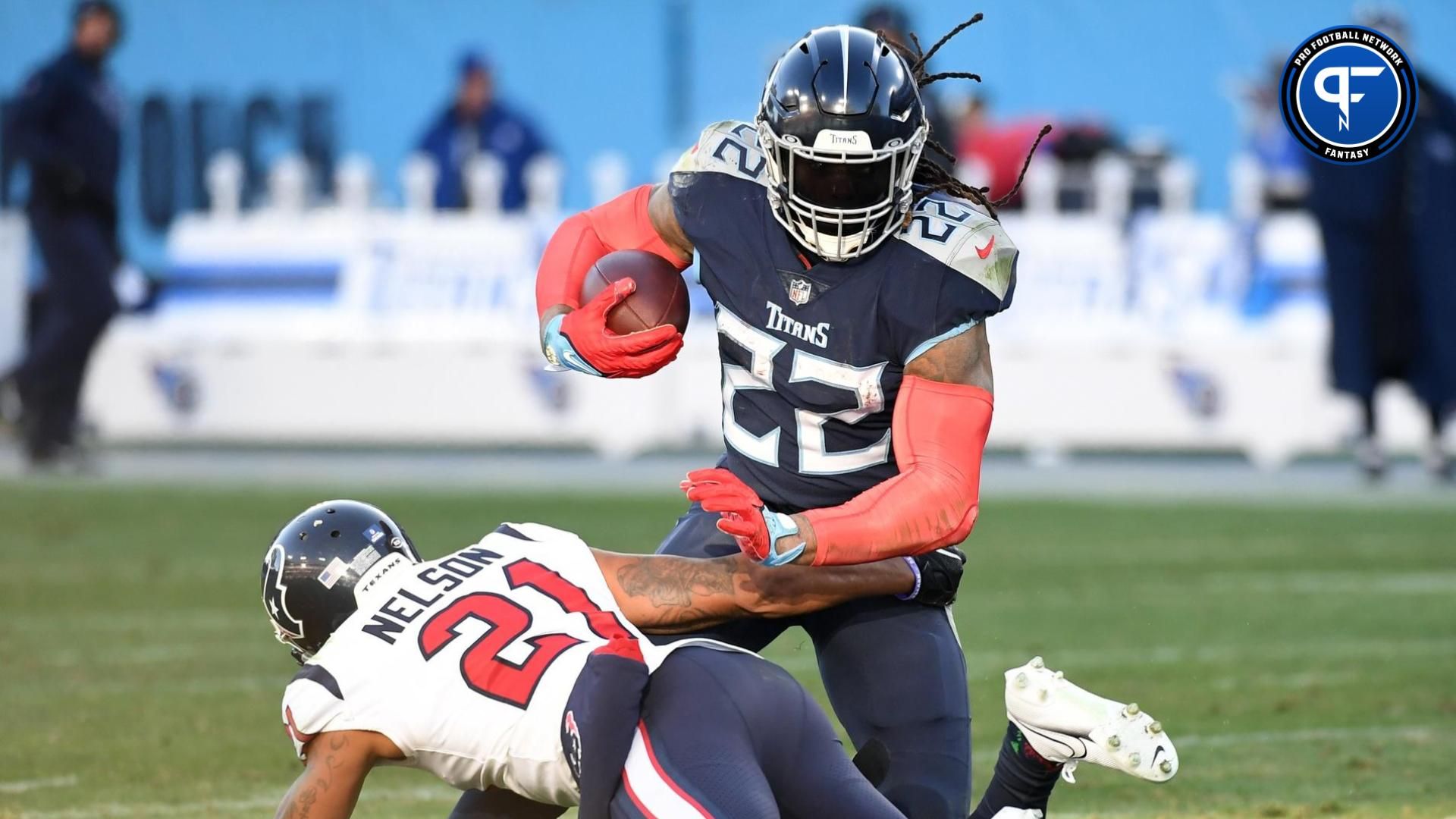 Tennessee Titans running back Derrick Henry (22) fights off a tackle attempt from Houston Texans cornerback Steven Nelson (21) during the second half at Nissan Stadium.