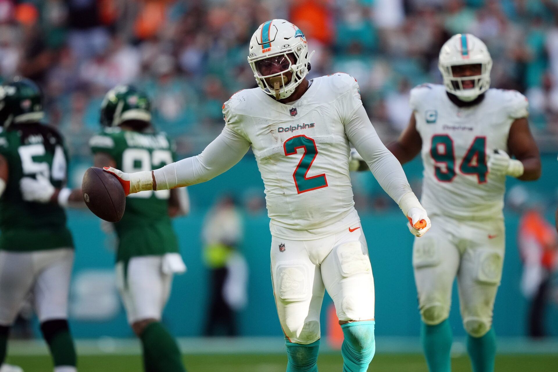 Miami Dolphins edge rusher Bradley Chubb (2) celebrates a fumble recovery against the New York Jets.