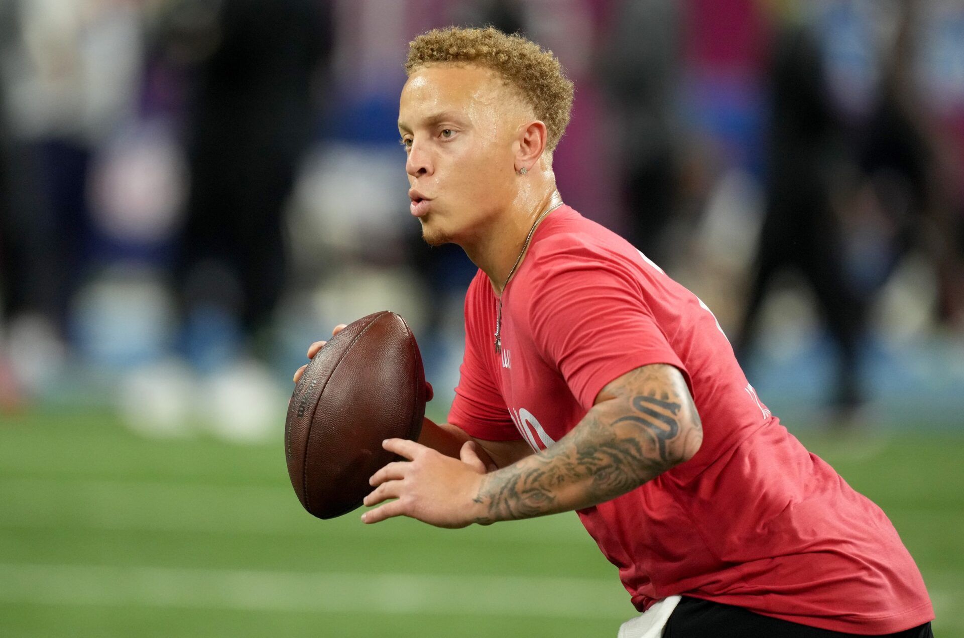 South Carolina quarterback Spencer Rattler (QB10) during the 2024 NFL Combine at Lucas Oil Stadium.