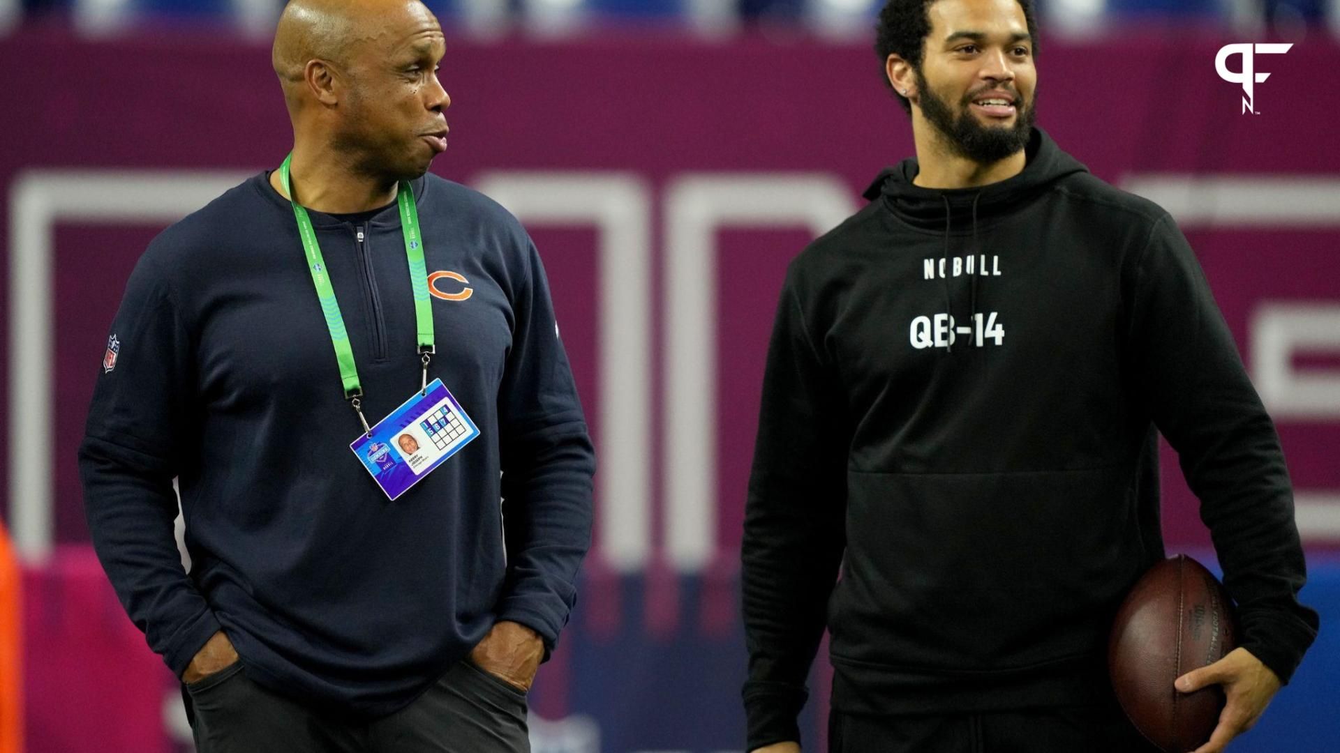 Chicago Bears quarterbacks coach Kerry Joseph talks to Southern California quarterback Caleb Williams (QB14) during the 2024 NFL Combine at Lucas Oil Stadium.