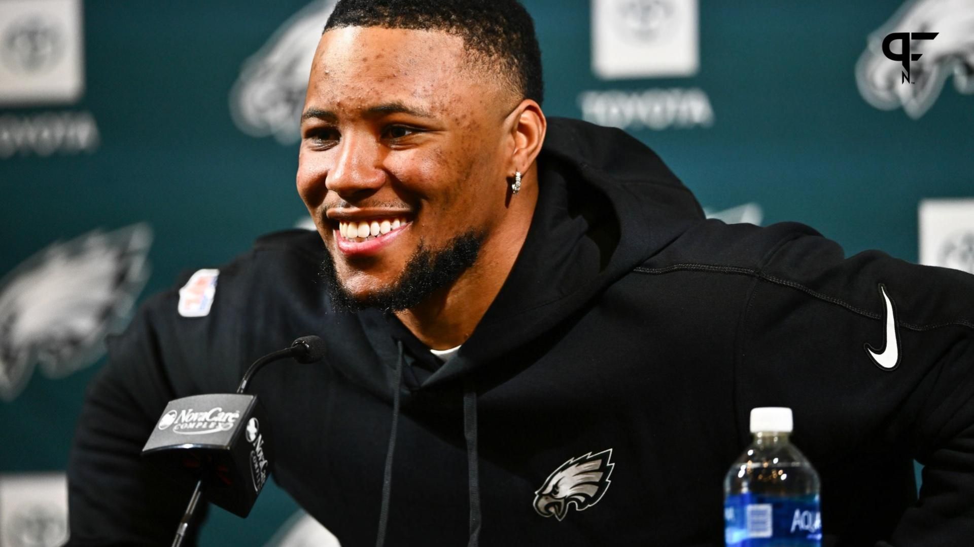 Philadelphia Eagles running back Saquon Barkley speaks during a press conference after signing with the team.