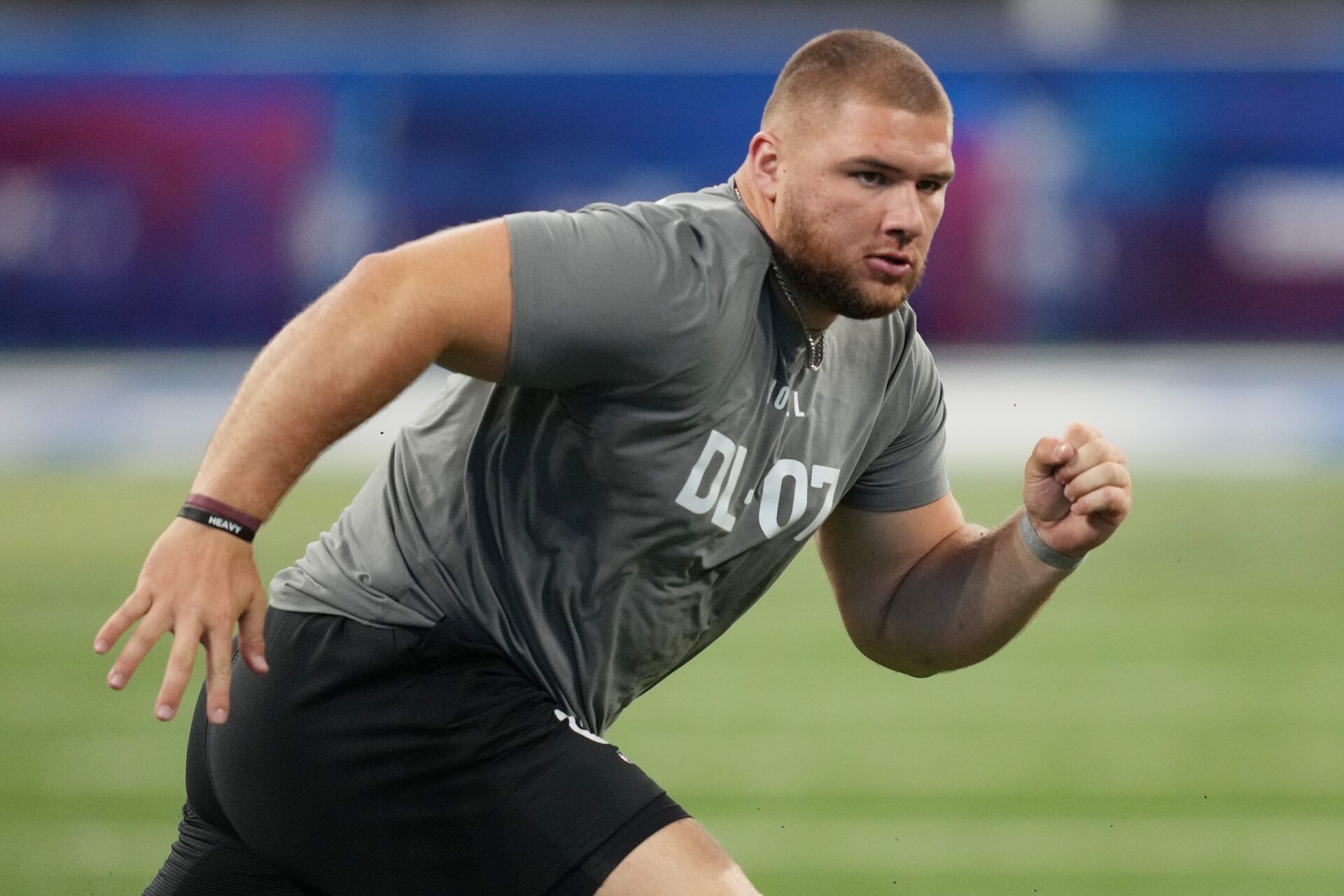 Florida State defensive lineman Braden Fiske (DL07) works out during the 2024 NFL Combine.