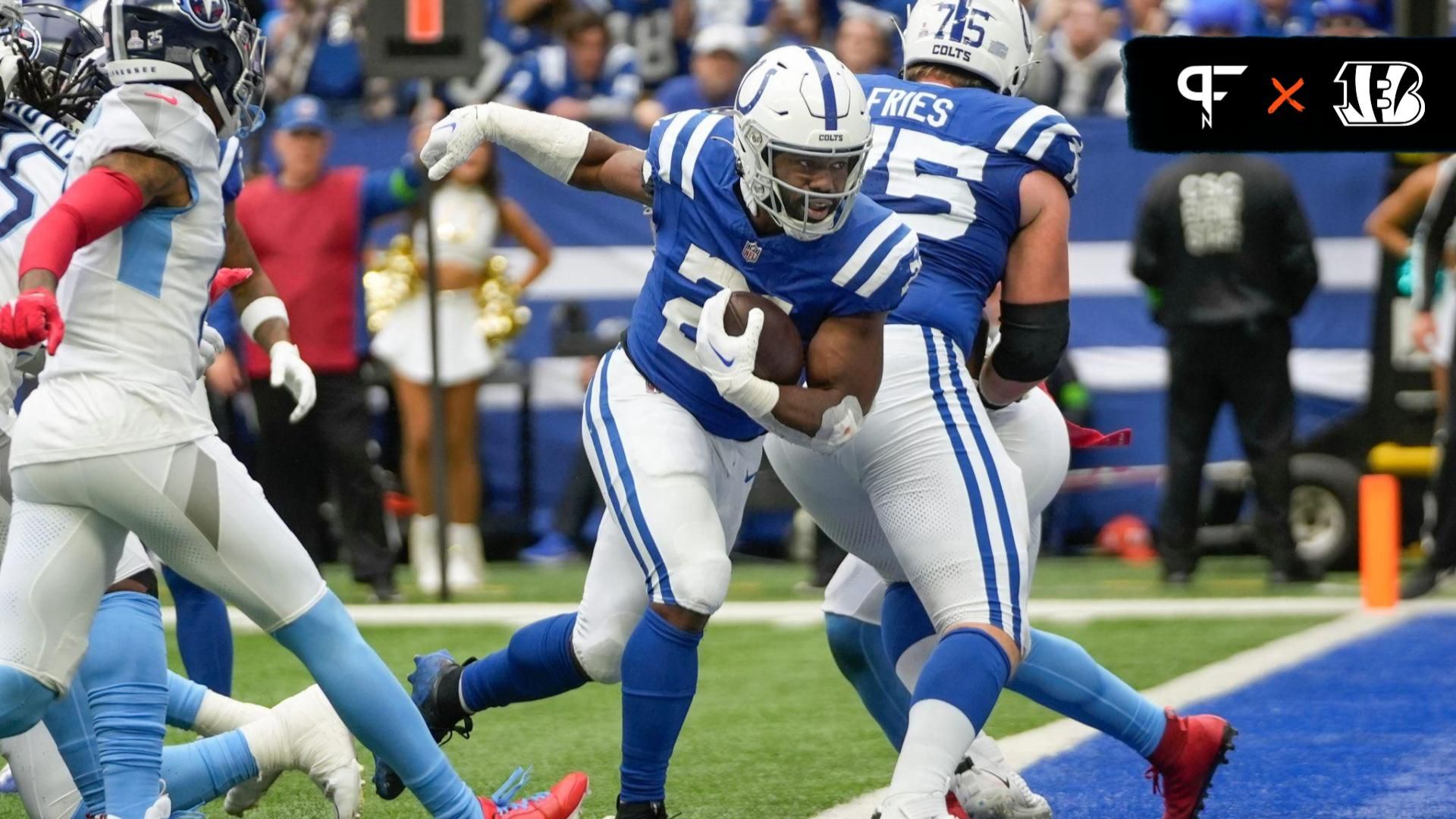 Indianapolis Colts running back Zack Moss (21) crosses the goal line for a touchdown on Sunday, Oct. 8, 2023, during a game against the Tennessee Titans at Lucas Oil Stadium in Indianapolis.