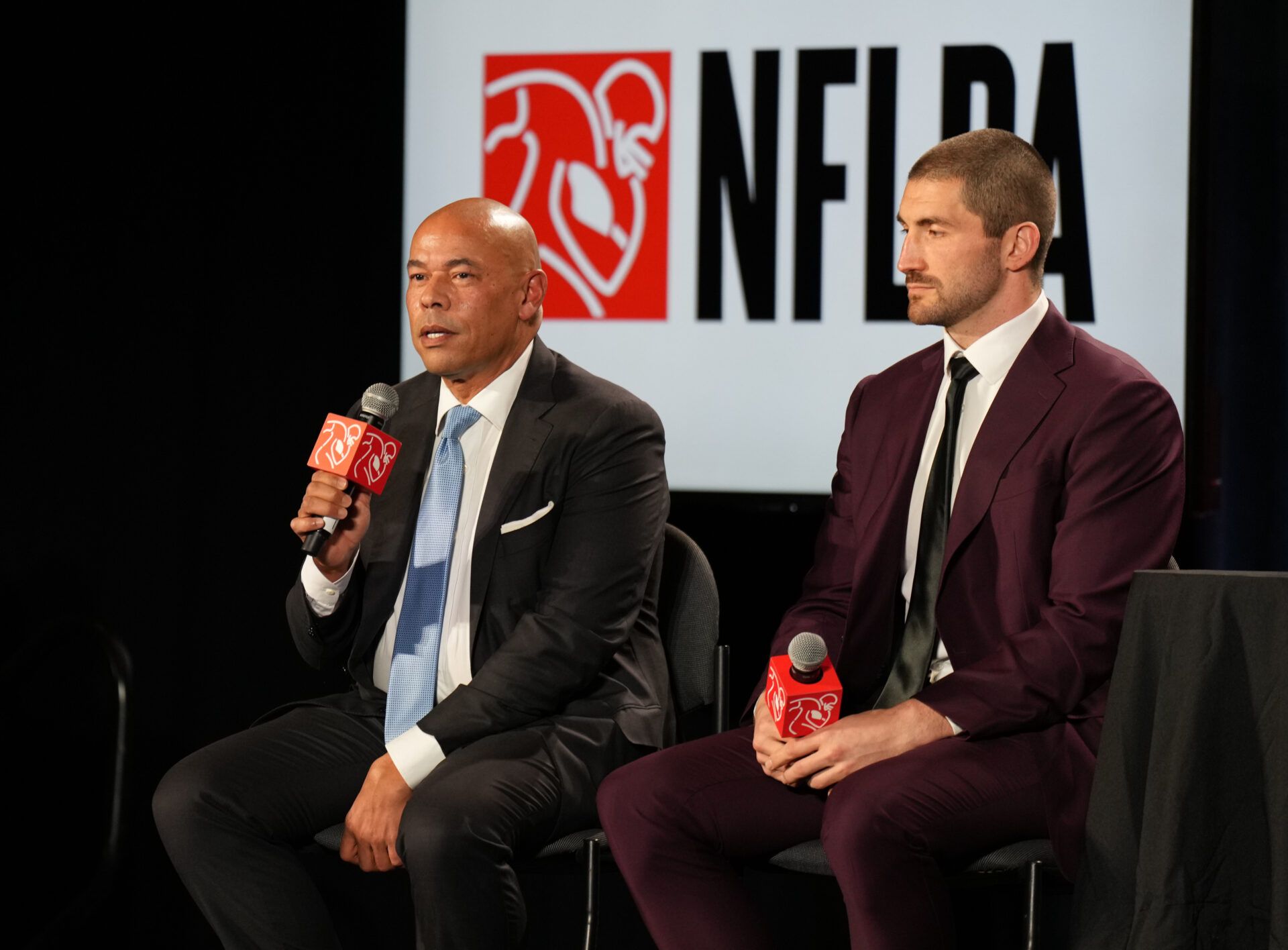 NFLPA executive director Lloyd Howell and president JC Tretter at the NFLPA Press Conference at the Mandalay Bay Convention Center prior to Super Bowl LVIII.