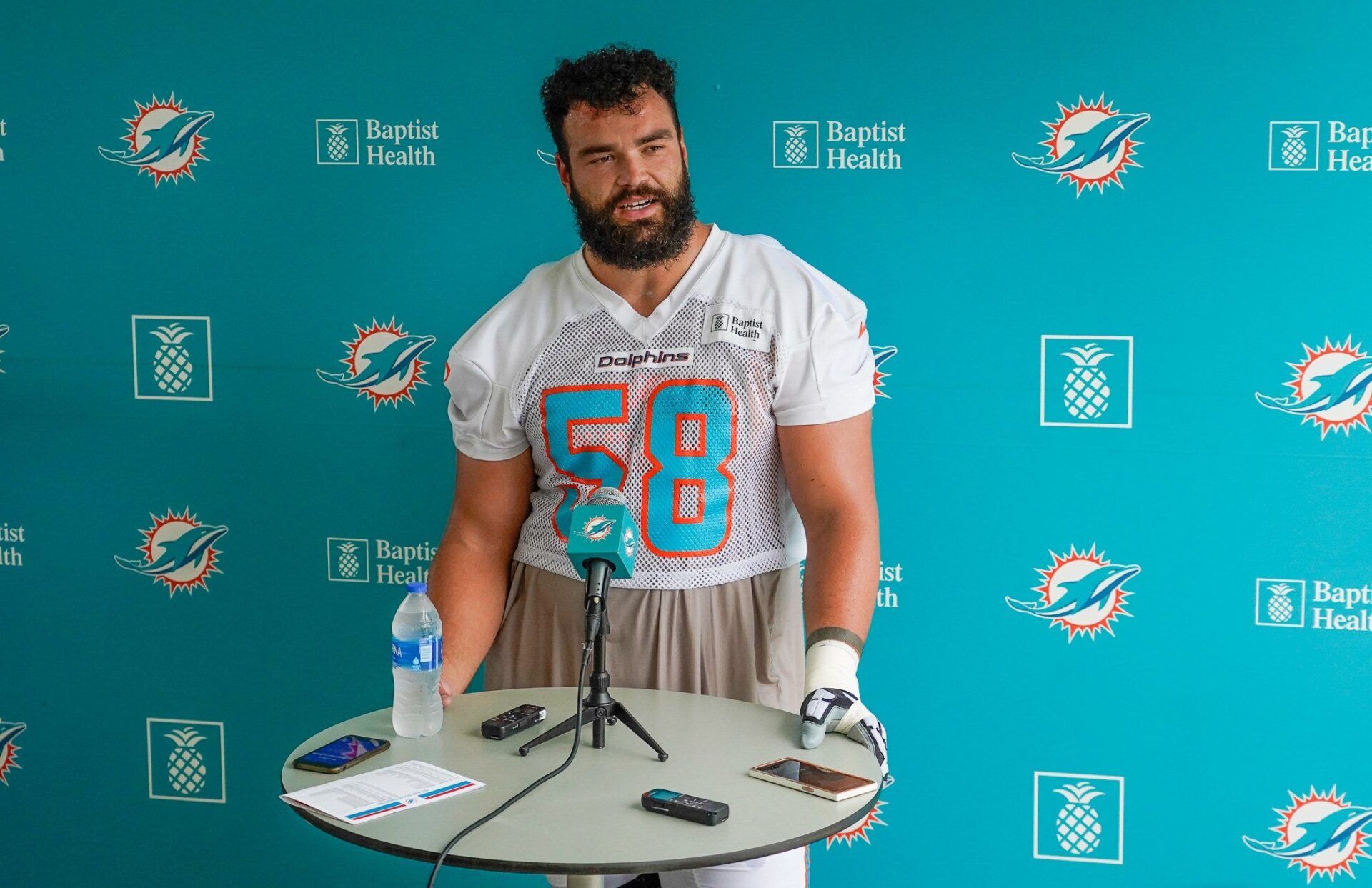 Miami Dolphins offensive lineman Connor Williams (58) speaks to the media after training camp at Baptist Health Training Complex, Wednesday, July 26, 2023 in Miami Gardens.