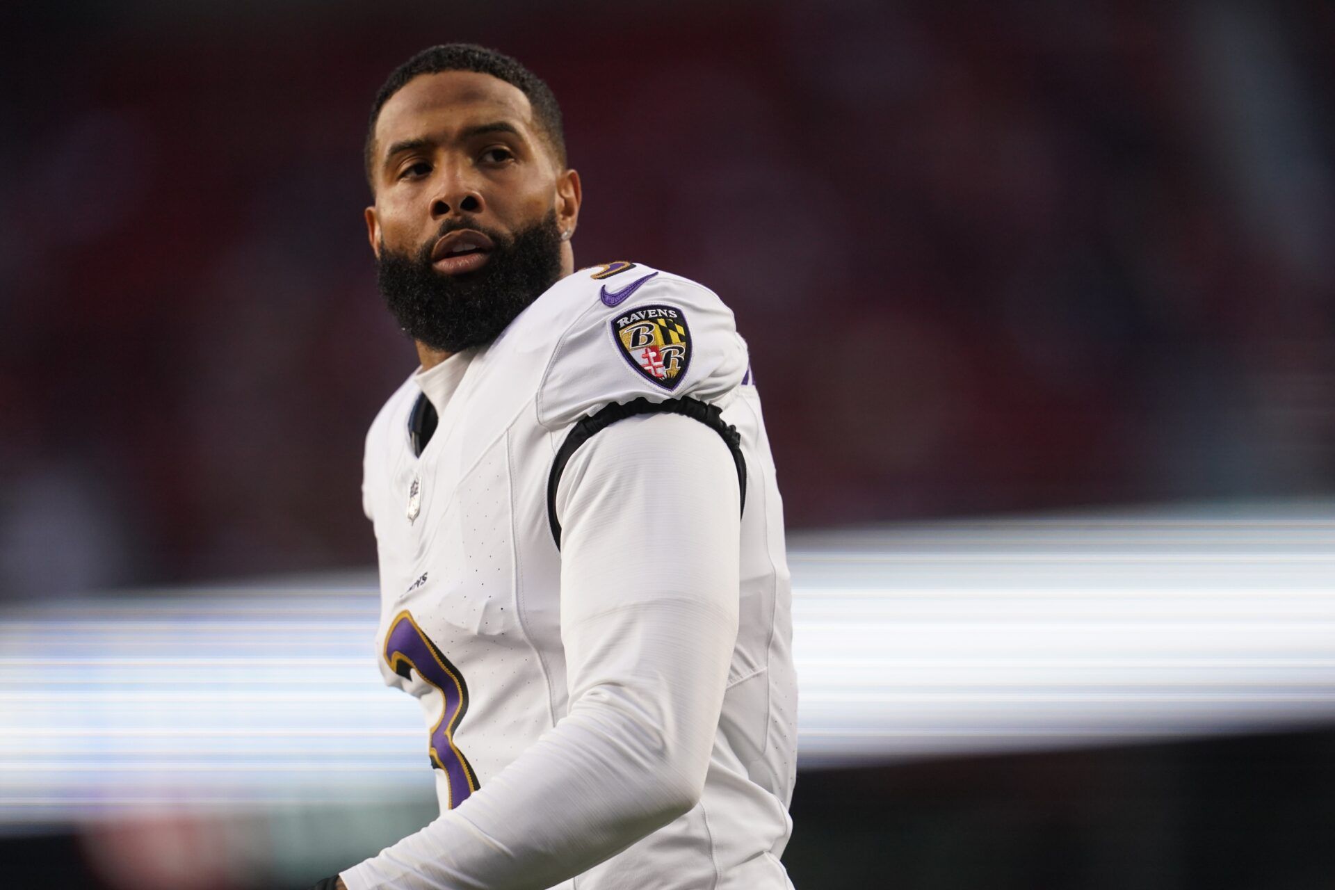 Baltimore Ravens wide receiver Odell Beckham Jr. (3) stands on the field before the start of the game against the San Francisco 49ers at Levi's Stadium.