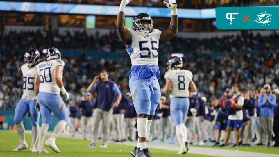 Tennessee Titans guard Aaron Brewer (55) celebrates after a touchdown by running back Derrick Henry (not pictured) during the fourth quarter at Hard Rock Stadium.