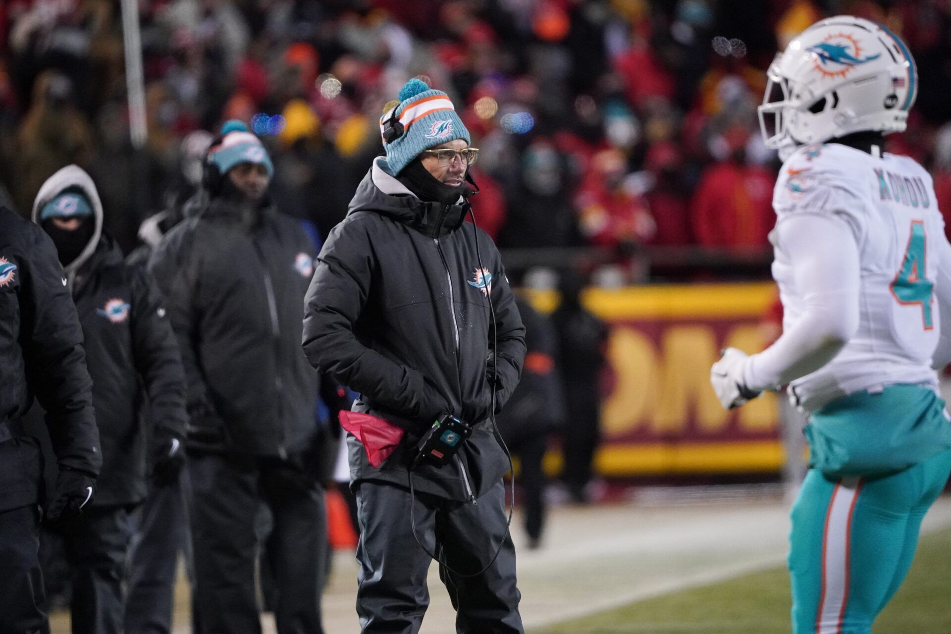 Miami Dolphins head coach Mike McDaniel watches game action against the Kansas City Chiefs.