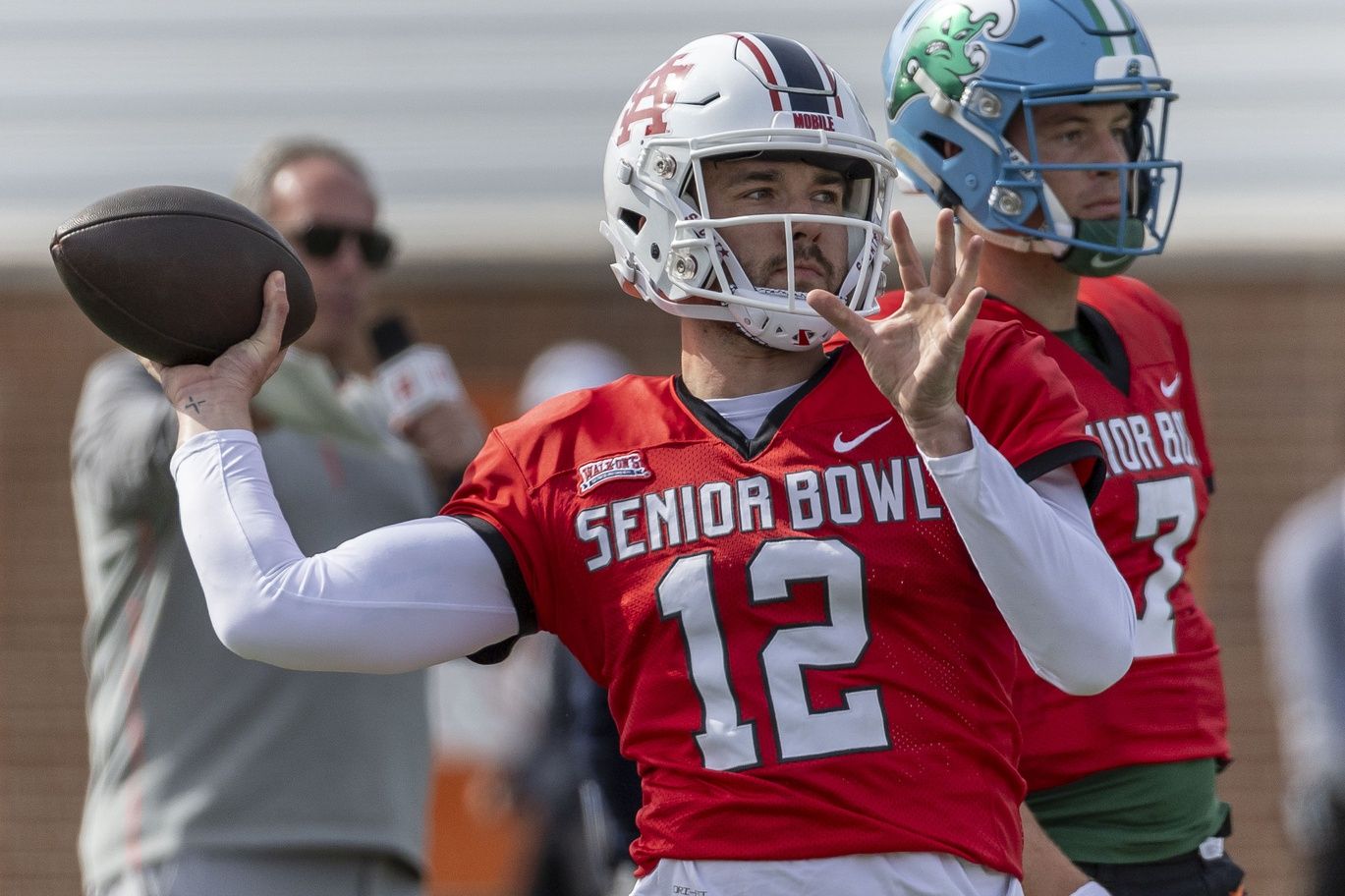 American quarterback Carter Bradley of South Alabama (12) throws the ball during practice for the American team at Hancock Whitney Stadium.