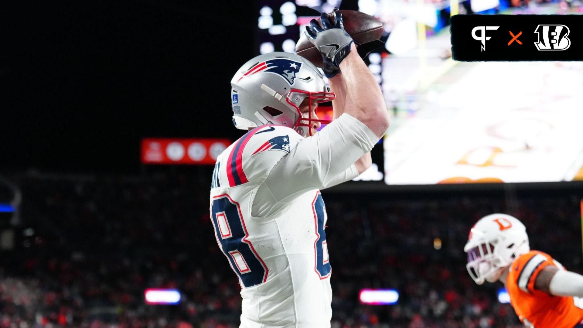 New England Patriots tight end Mike Gesicki (88) pulls in a touchdown reception in the third quarter against the Denver Broncos at Empower Field at Mile High.