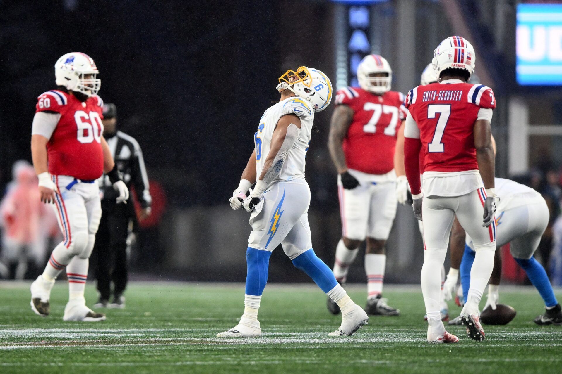 Los Angeles Chargers linebacker Eric Kendricks (6) reacts after breaking up a pass during the second half of a game against the New England Patriots at Gillette Stadium.