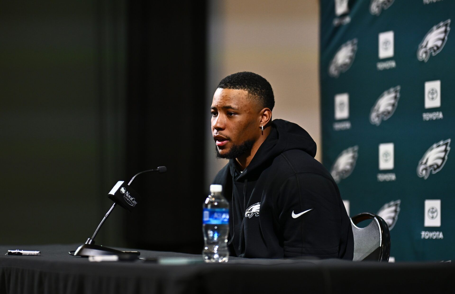 Philadelphia Eagles running back Saquon Barkley speaks during a press conference after signing with the Eagles.