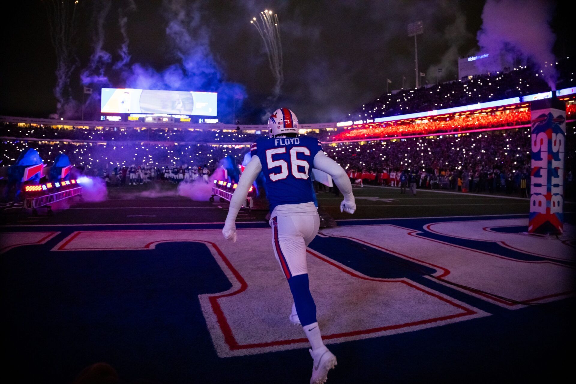 Buffalo Bills defensive end Leonard Floyd (56) against the Kansas City Chiefs in the 2024 AFC divisional round game at Highmark Stadium.