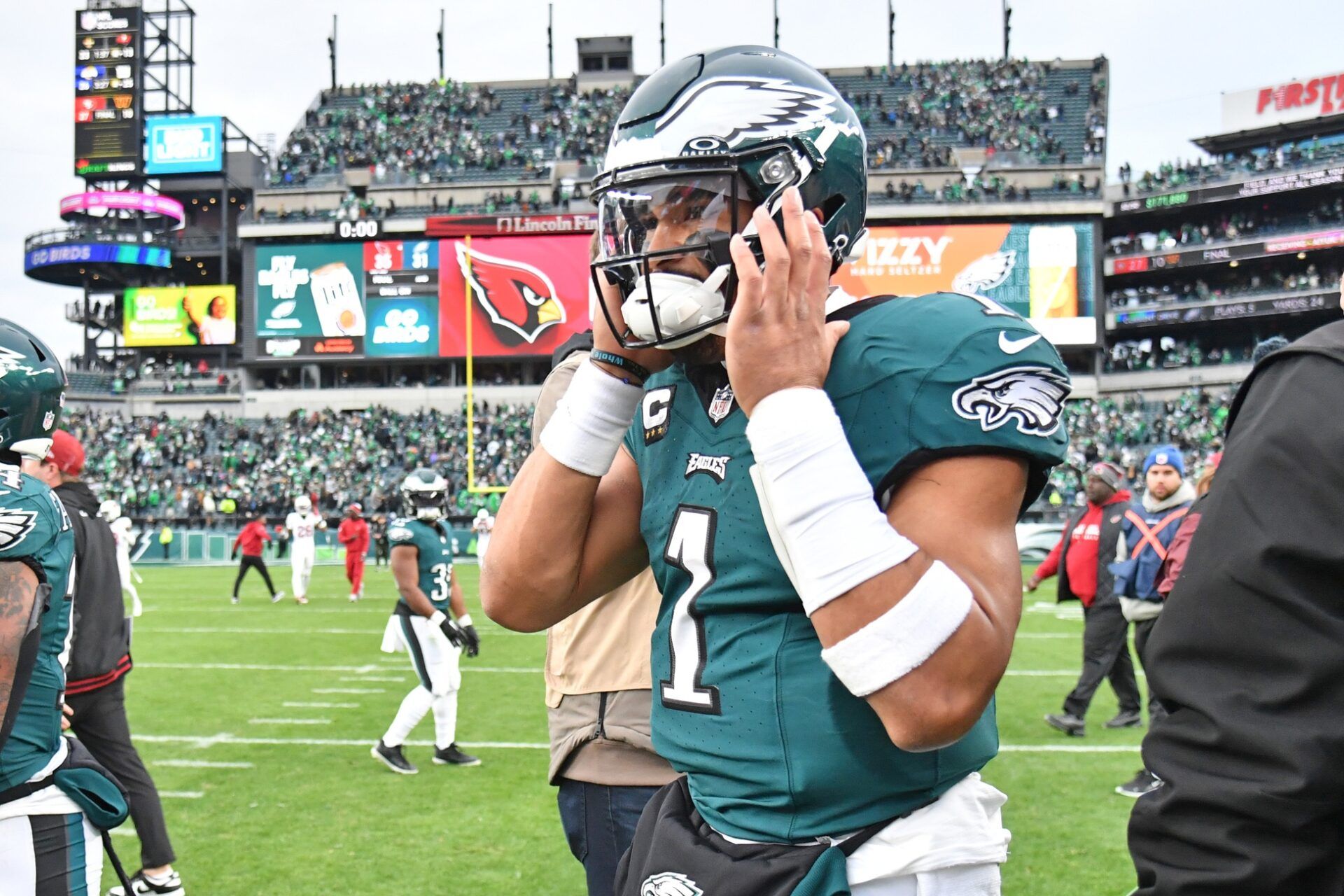 Philadelphia Eagles quarterback Jalen Hurts (1) walks off the field after loss to Arizona Cardinals at Lincoln Financial Field.