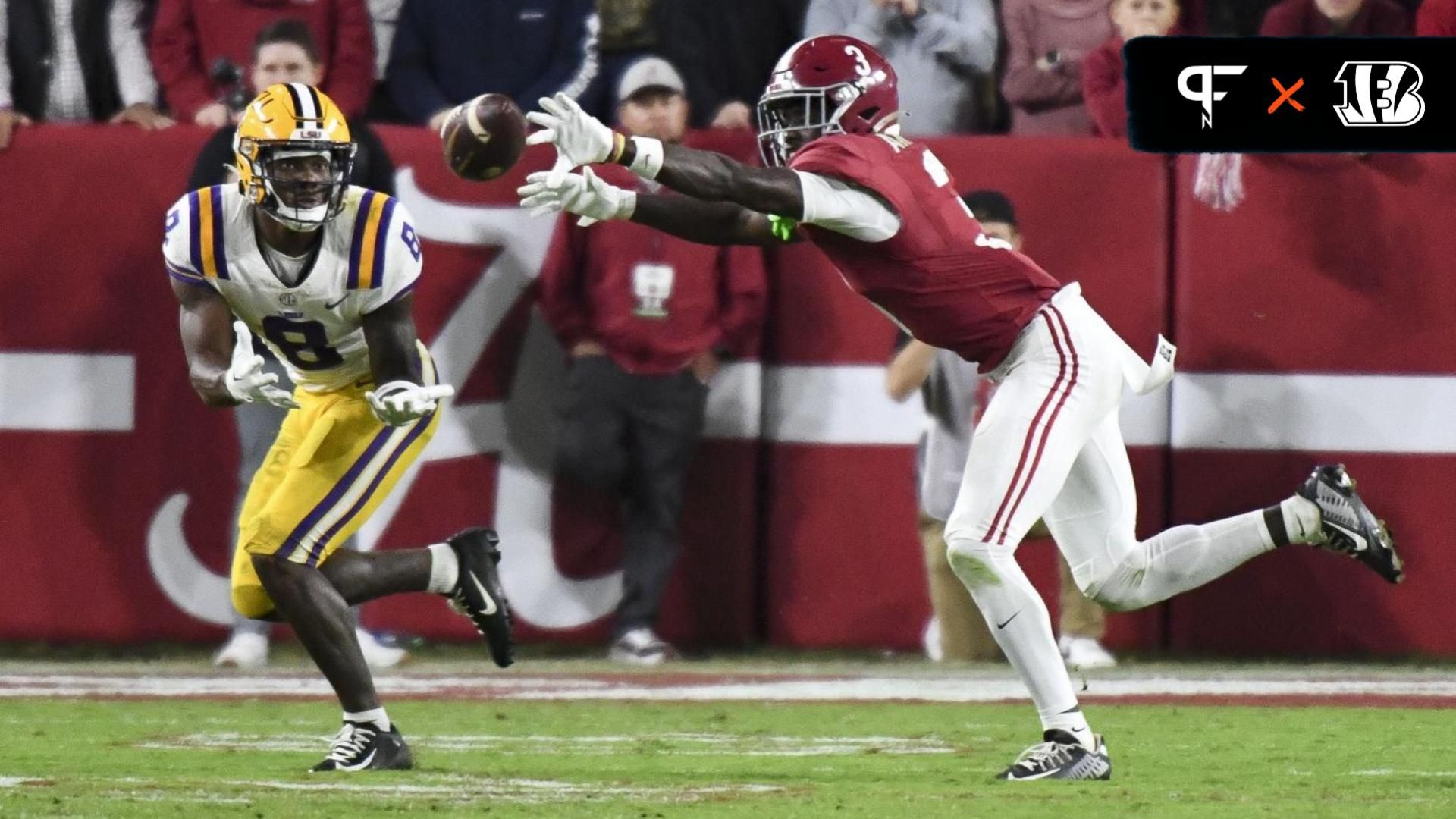 Alabama Crimson Tide defensive back Terrion Arnold (3) breaks up a pass intended for LSU Tigers wide receiver Malik Nabers (8).