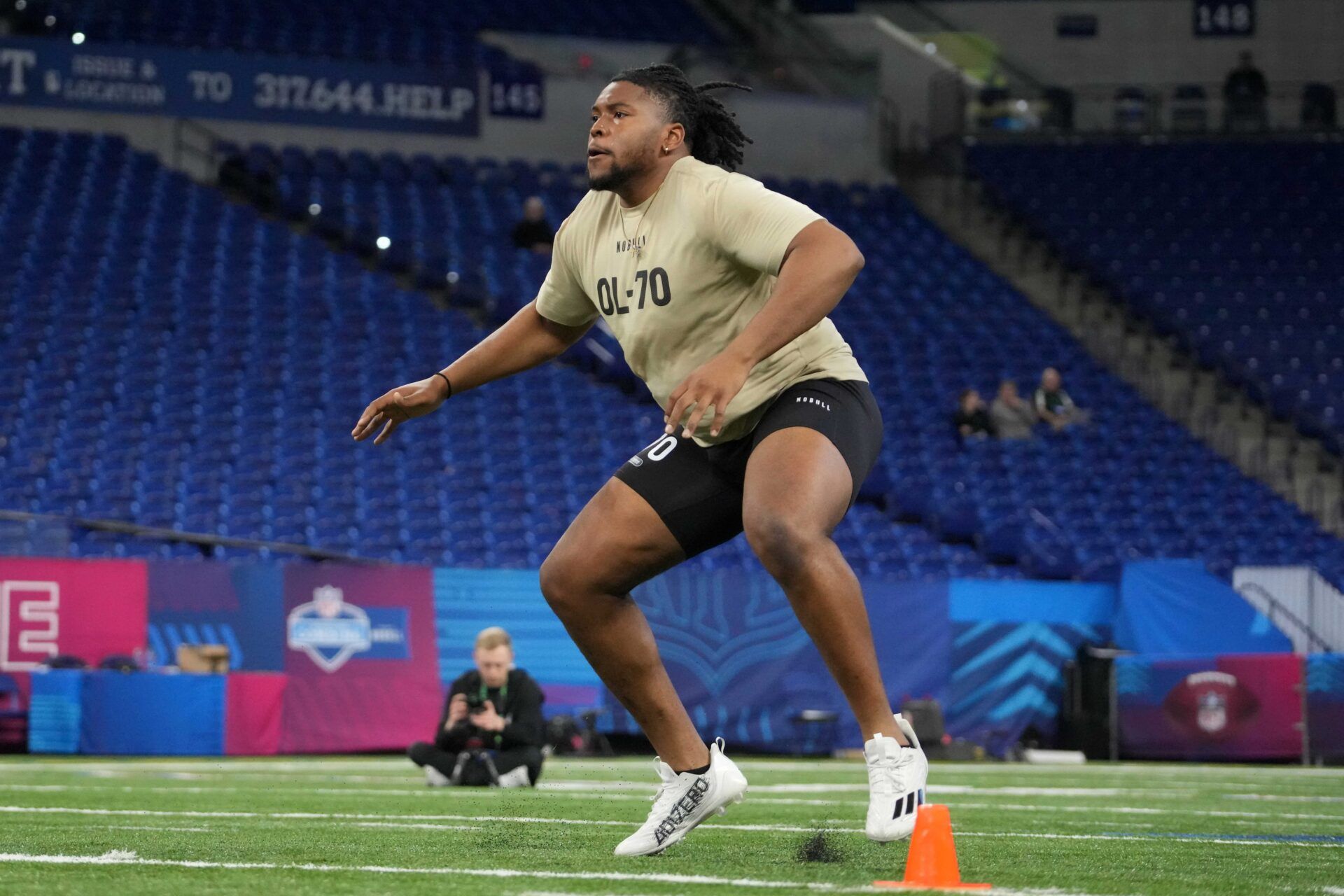 Penn State OL Caedan Wallace (OL70) during the 2024 NFL Scouting Combine at Lucas Oil Stadium.