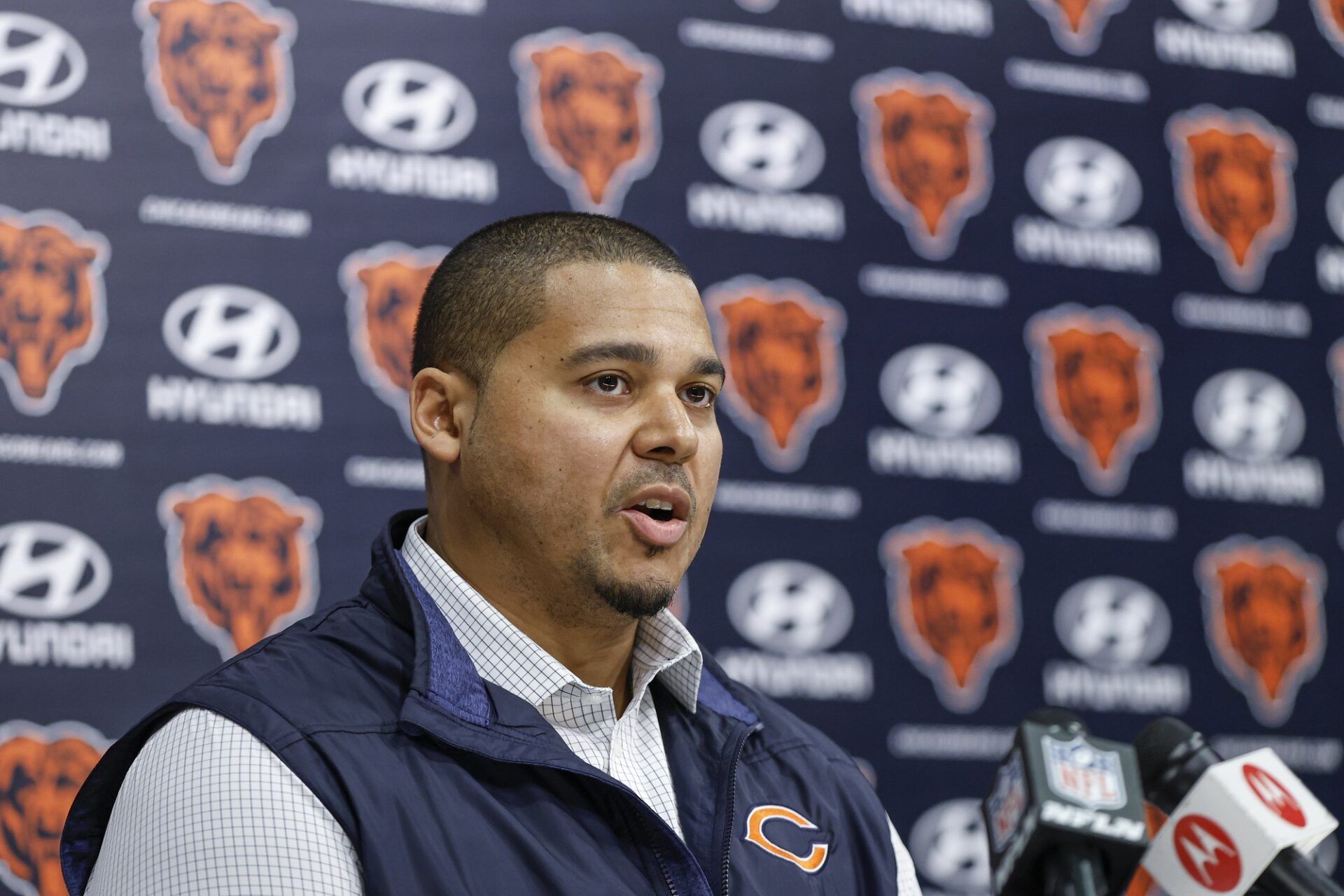 Mar 16, 2023; Lake Forest, IL, USA; Chicago Bears general manager Ryan Poles speaks during a press conference at Halas Hall. Mandatory Credit: Kamil Krzaczynski-USA TODAY Sports