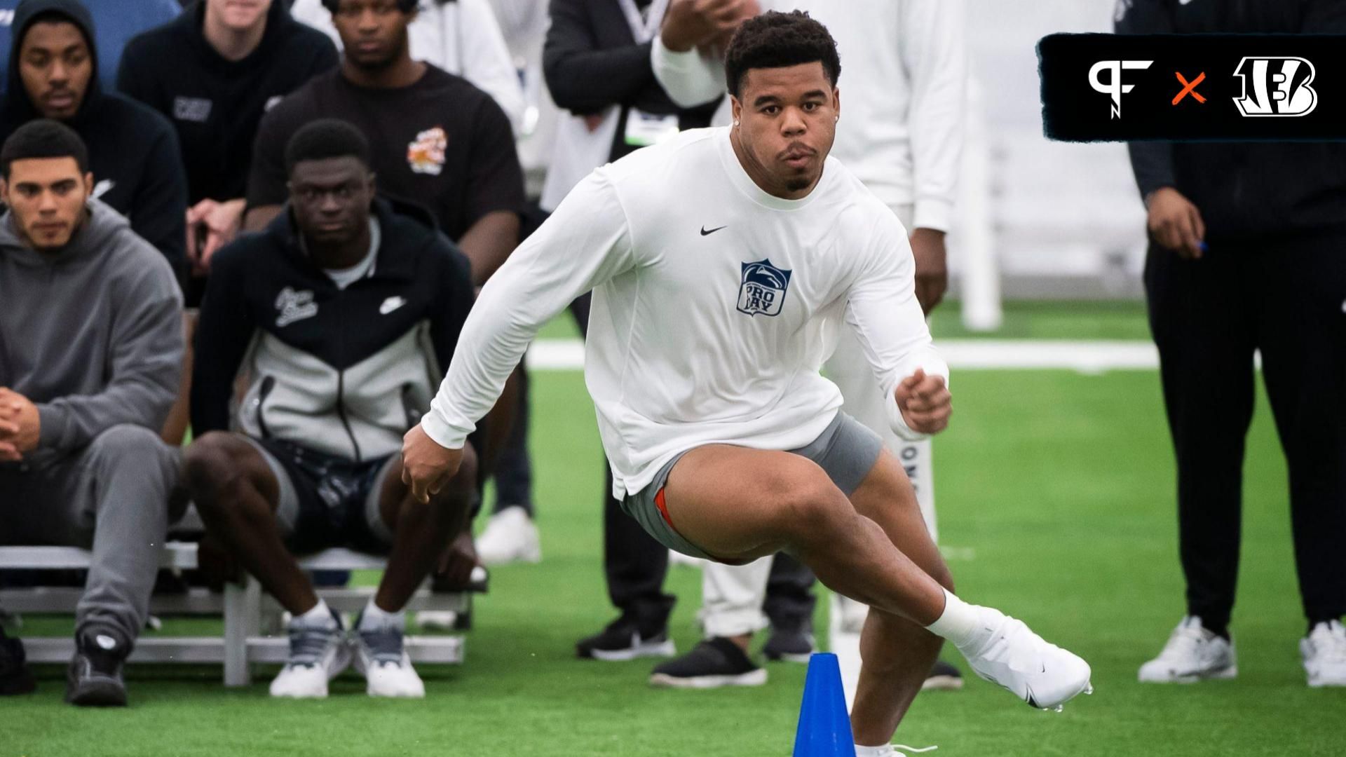 Defensive end Chop Robinson runs through the three-cone drill during Penn State's Pro Day in Holuba Hall on March 15, 2024, in State College.